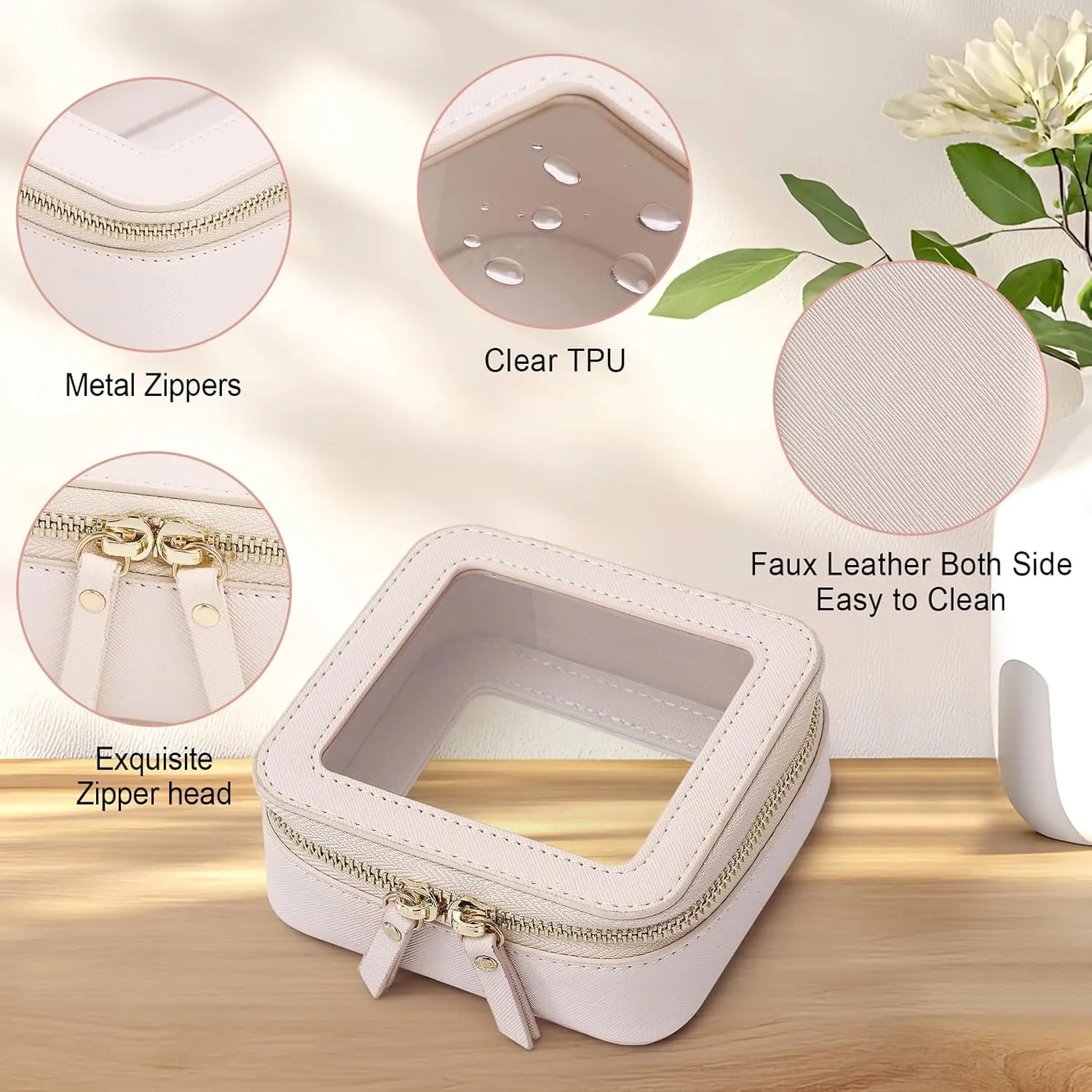 Clear Makeup Bag Waterproof Travel Case for Cosmetics and Toiletries Women's Purse Organizer and Clear Car Bag with Zipper (Beige, M MINI)
