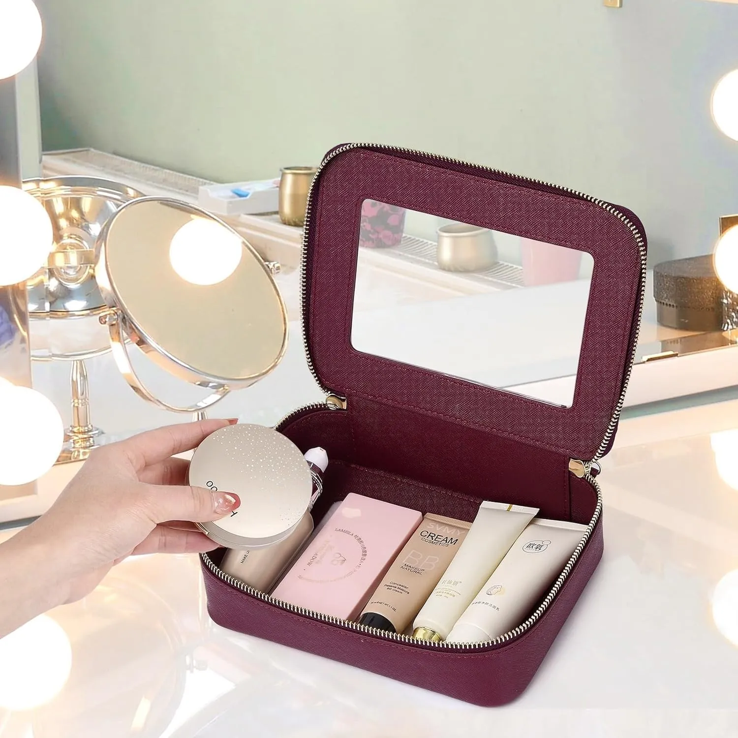 Clear Makeup Bag Women's Waterproof Travel Cosmetic Case and Toiletry Bag Portable Makeup Organizer Bag for Car with Zipper (Burgundy, M)