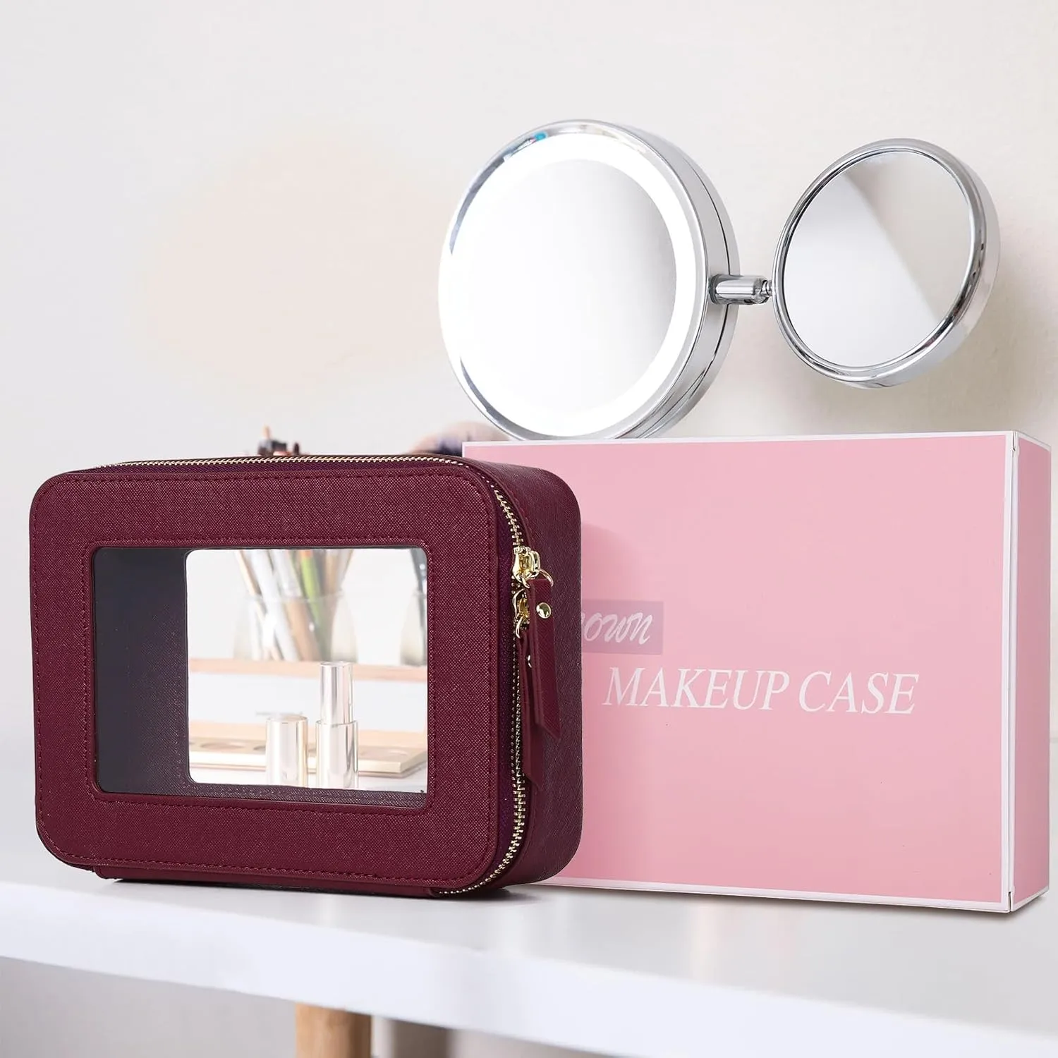 Clear Makeup Bag Women's Waterproof Travel Cosmetic Case and Toiletry Bag Portable Makeup Organizer Bag for Car with Zipper (Burgundy, M)