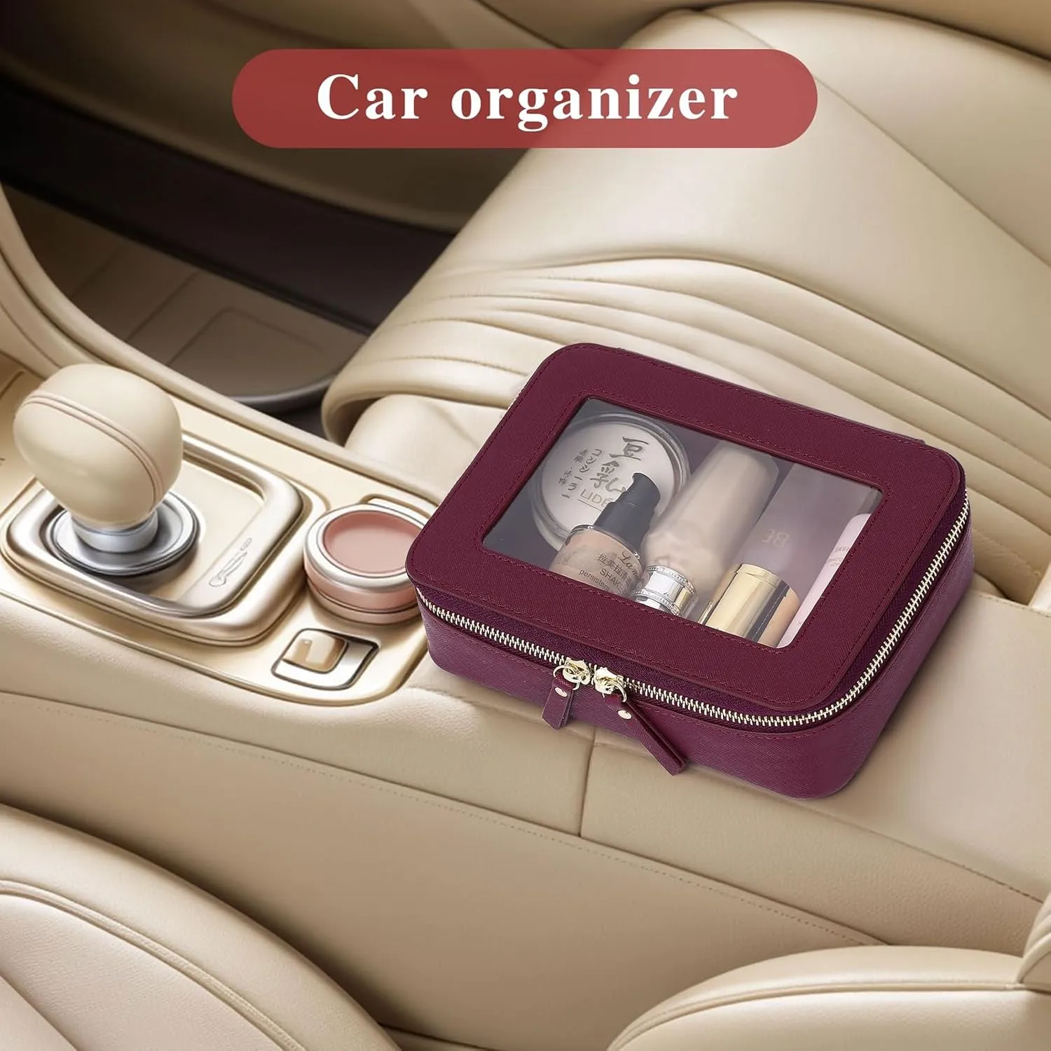 Clear Makeup Bag Women's Waterproof Travel Cosmetic Case and Toiletry Bag Portable Makeup Organizer Bag for Car with Zipper (Burgundy, M)
