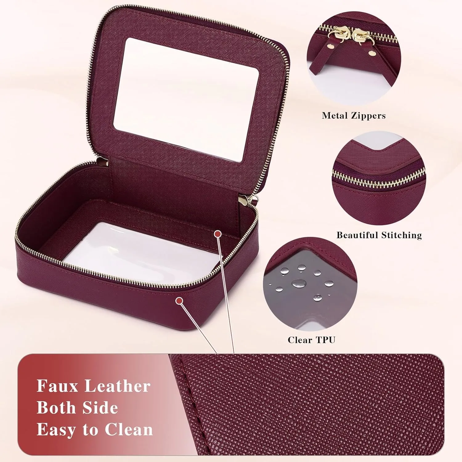 Clear Makeup Bag Women's Waterproof Travel Cosmetic Case and Toiletry Bag Portable Makeup Organizer Bag for Car with Zipper (Burgundy, M)