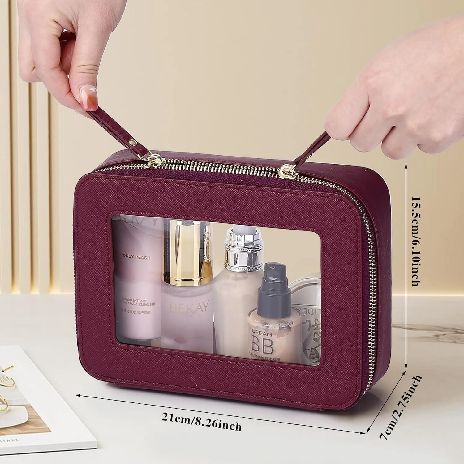 Clear Makeup Bag Women's Waterproof Travel Cosmetic Case and Toiletry Bag Portable Makeup Organizer Bag for Car with Zipper (Burgundy, M)