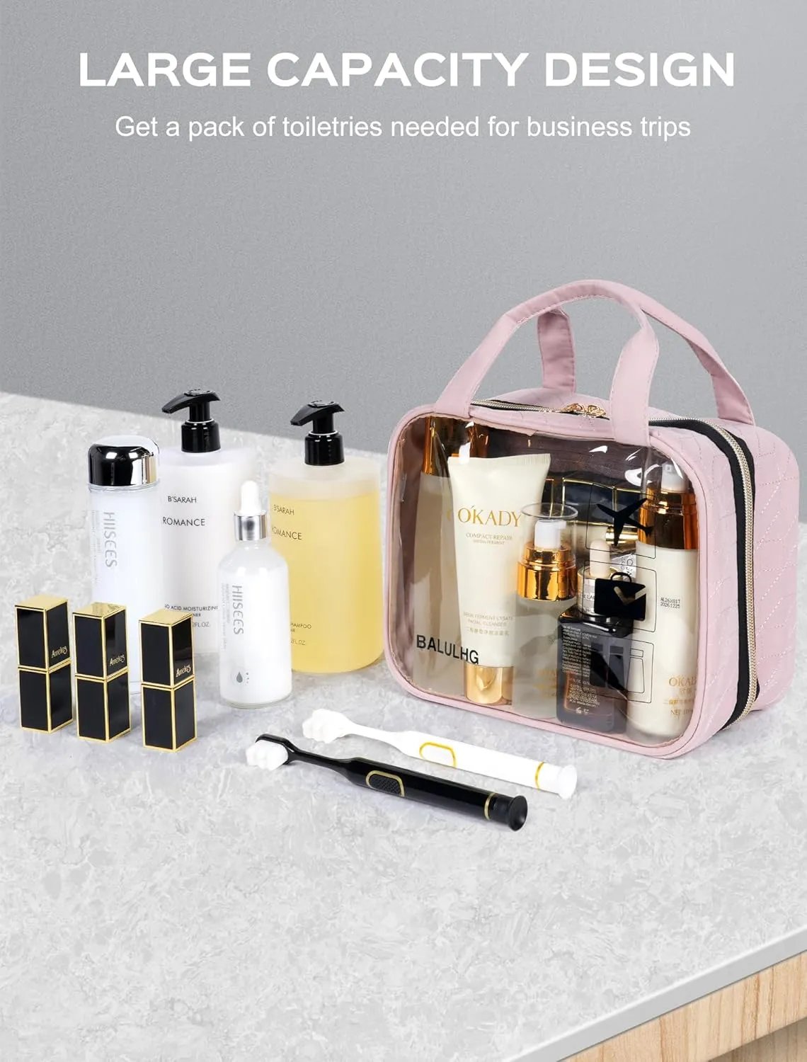 Clear Makeup Brush Bag with Hanging Hook for Travel, Toiletry, Traveling Essentials, Organizer, Women Pink