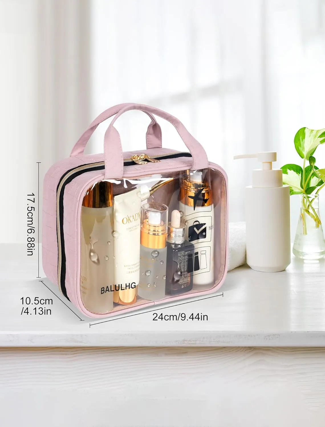 Clear Makeup Brush Bag with Hanging Hook for Travel, Toiletry, Traveling Essentials, Organizer, Women Pink