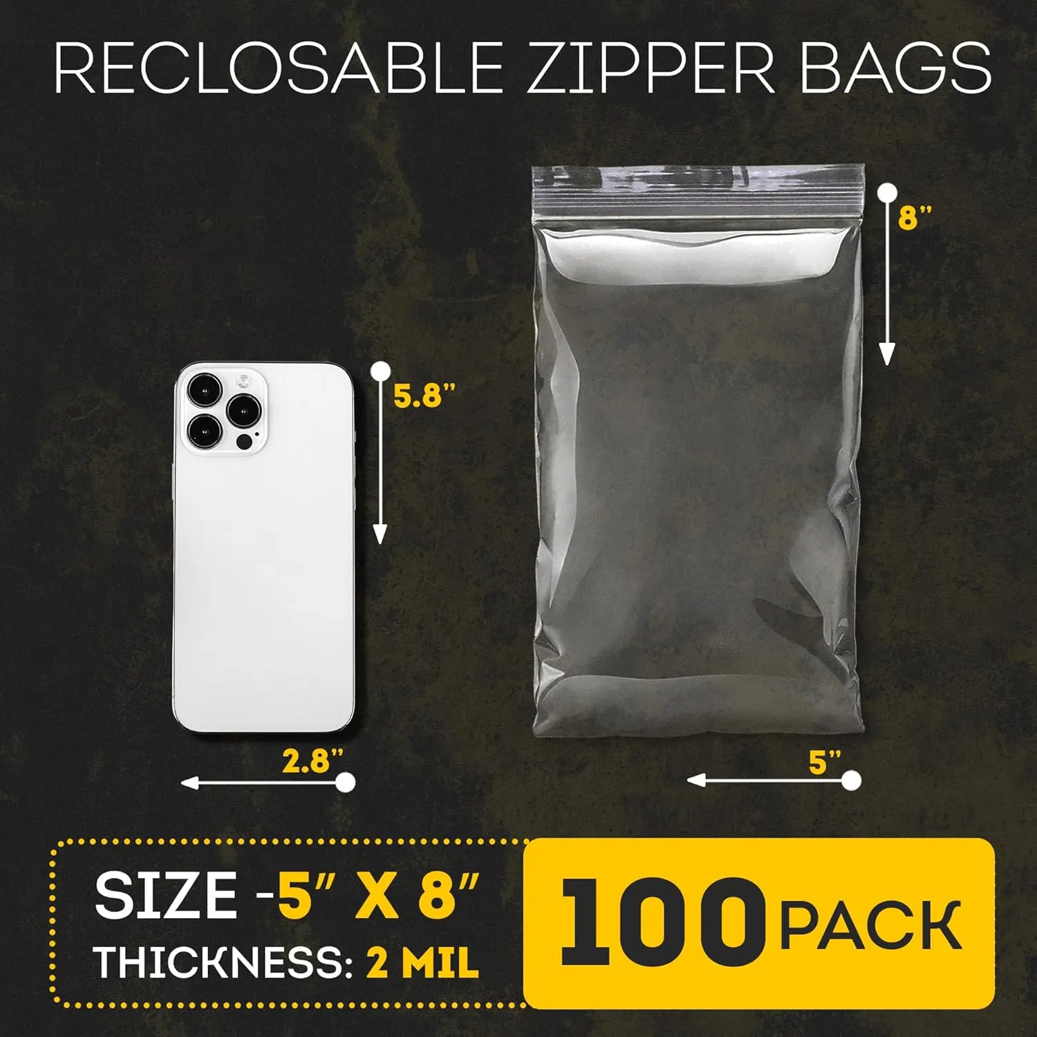 Clear Zipper Bags for Organizing, 5 x 8 Inches. 100 Pack Reclosable Plastic Bags for Small Business, 2 Mil. Clear Zipper Pouches. Waterproof Storage Bag with Zip Top.