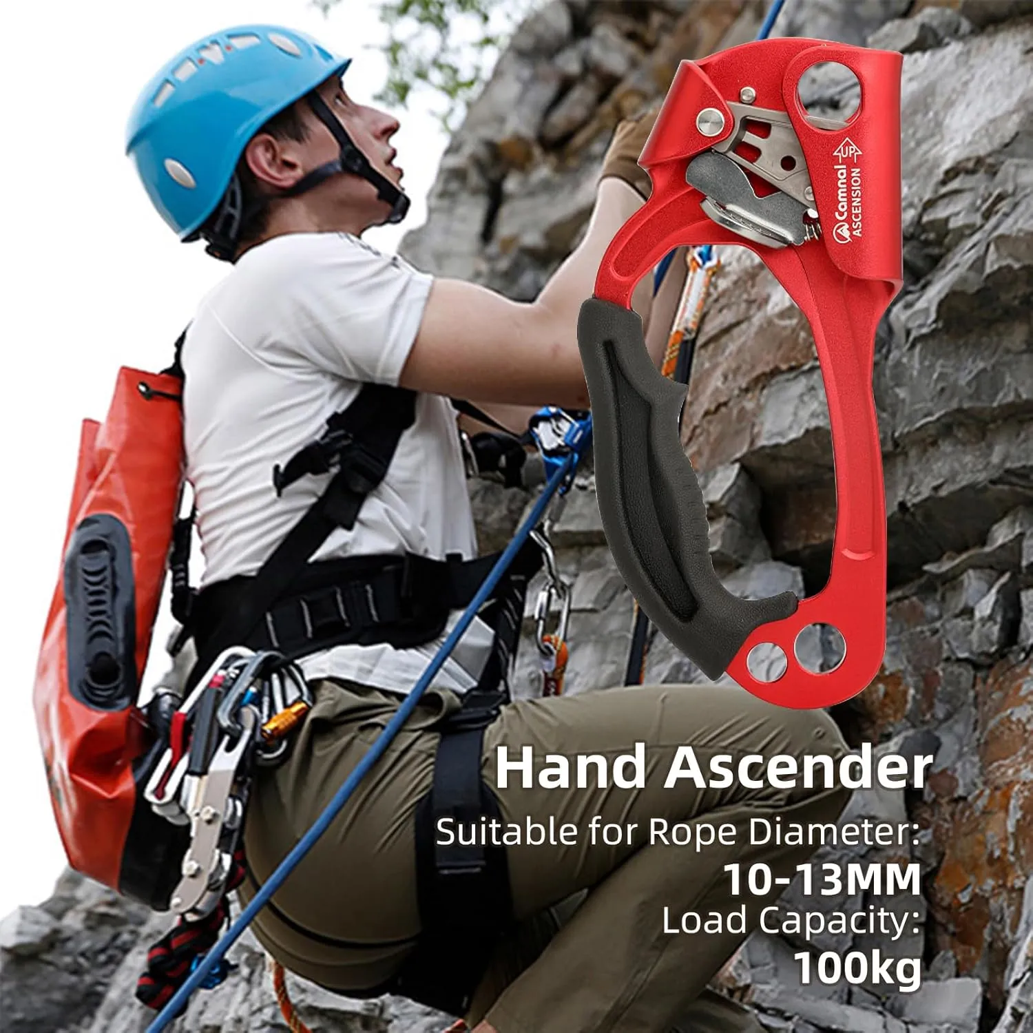 Climbing Hand Ascender Mountaineering Rock Climbing Tree Arborist Strong Rappelling Gear Equipment Rope Clamp with Ergonomic Rubber Handle, Aluminum Alloy Climbing Ascender for 10~13MM Rope