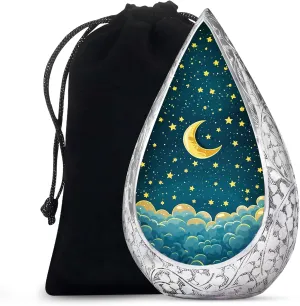 Clouds Funeral Urns for Ashes for Men and Women - Moon Large Drop Urn for Cremation Ashes - Stars Ash Urns for Humans - Adult Urn for Mom and Dad with Velvet Bag, 10 Inch