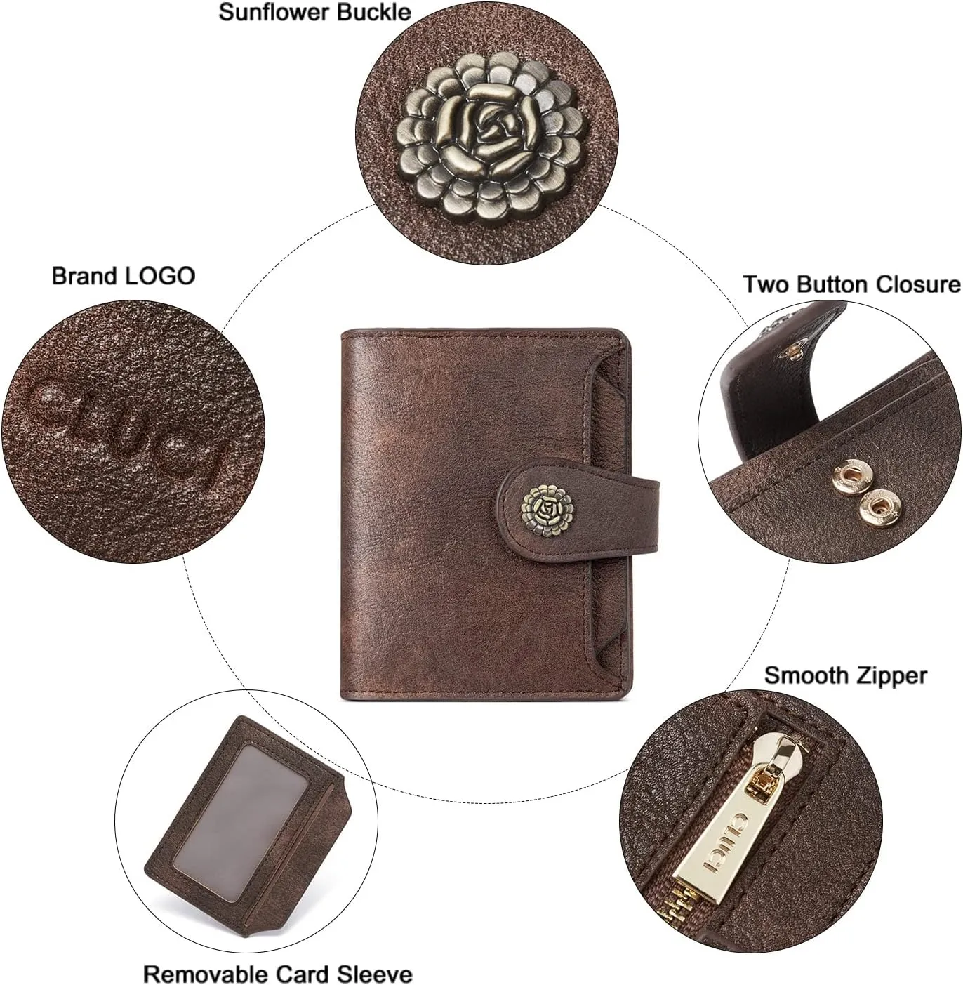 CLUCI Small Wallets for Women RFID Blocking Leather Trifold Compact Credit Card Holder with ID Window Ladies Zipper Coin Purse Coffee