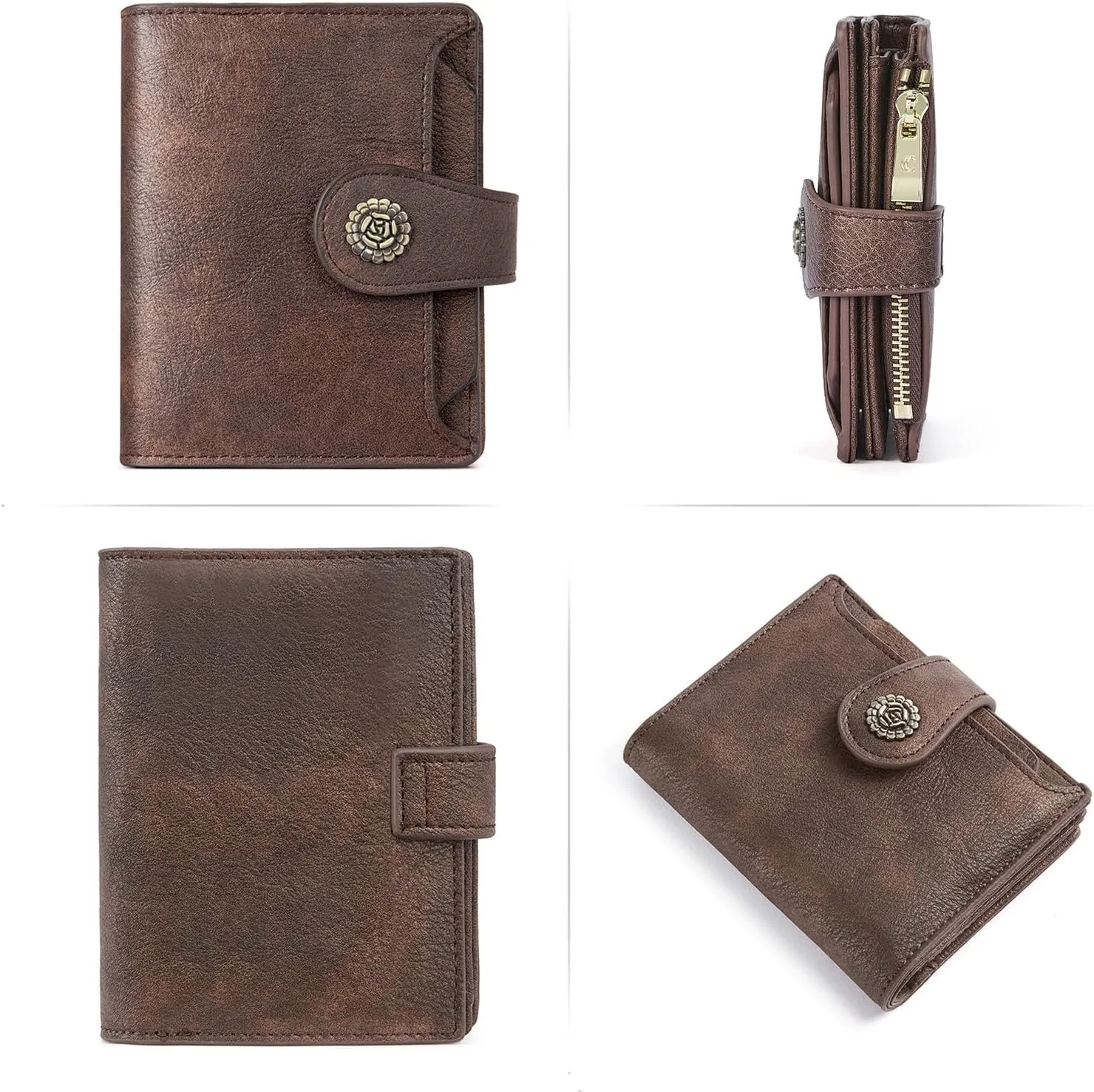 CLUCI Small Wallets for Women RFID Blocking Leather Trifold Compact Credit Card Holder with ID Window Ladies Zipper Coin Purse Coffee