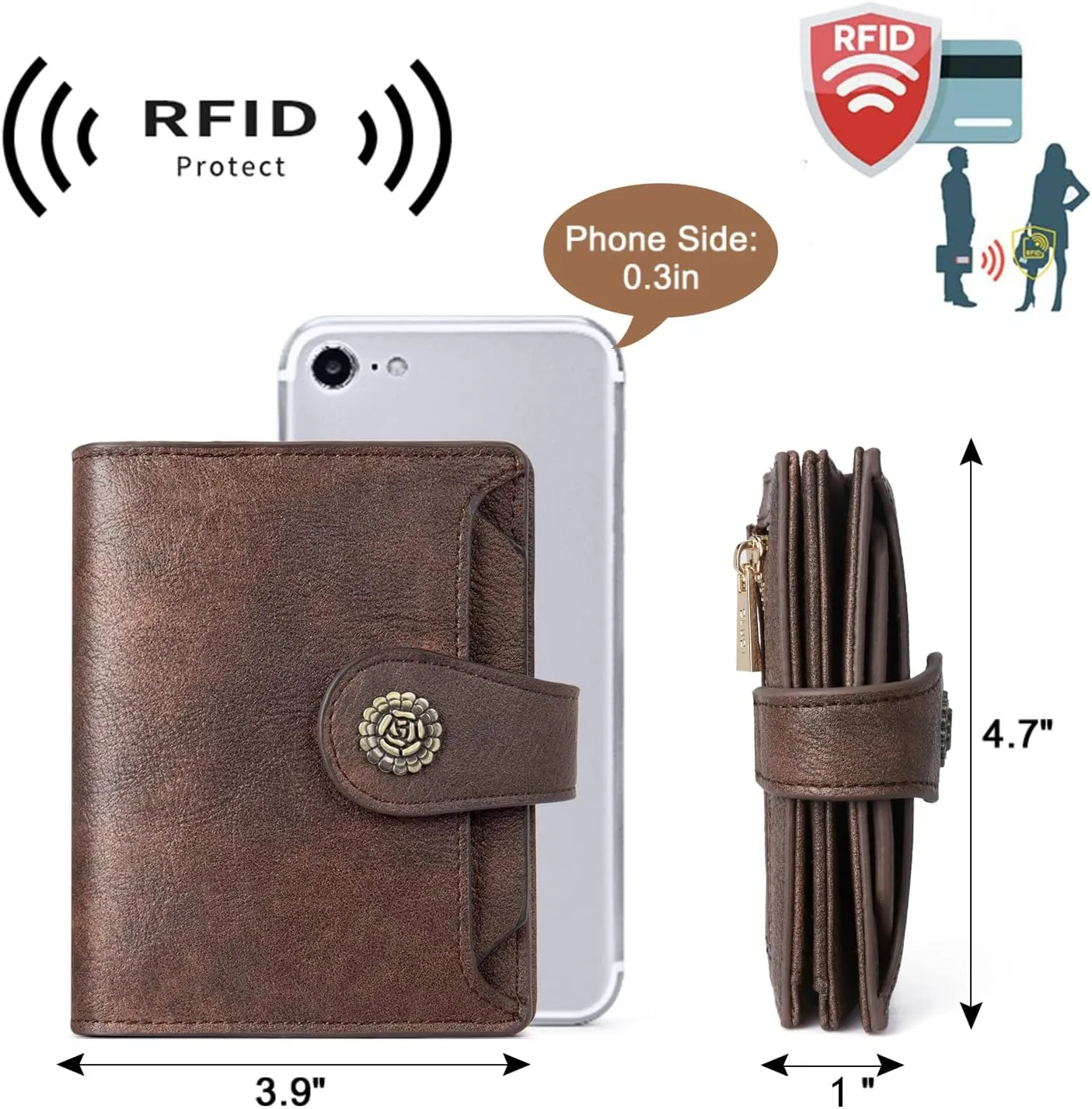 CLUCI Small Wallets for Women RFID Blocking Leather Trifold Compact Credit Card Holder with ID Window Ladies Zipper Coin Purse Coffee