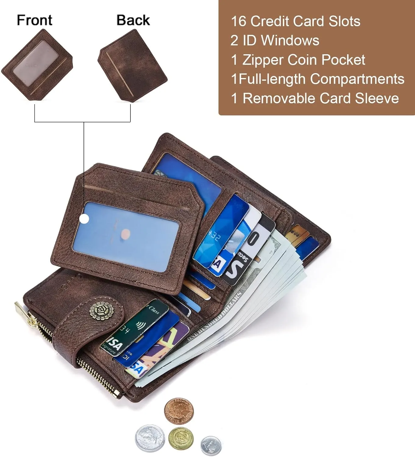 CLUCI Small Wallets for Women RFID Blocking Leather Trifold Compact Credit Card Holder with ID Window Ladies Zipper Coin Purse Coffee