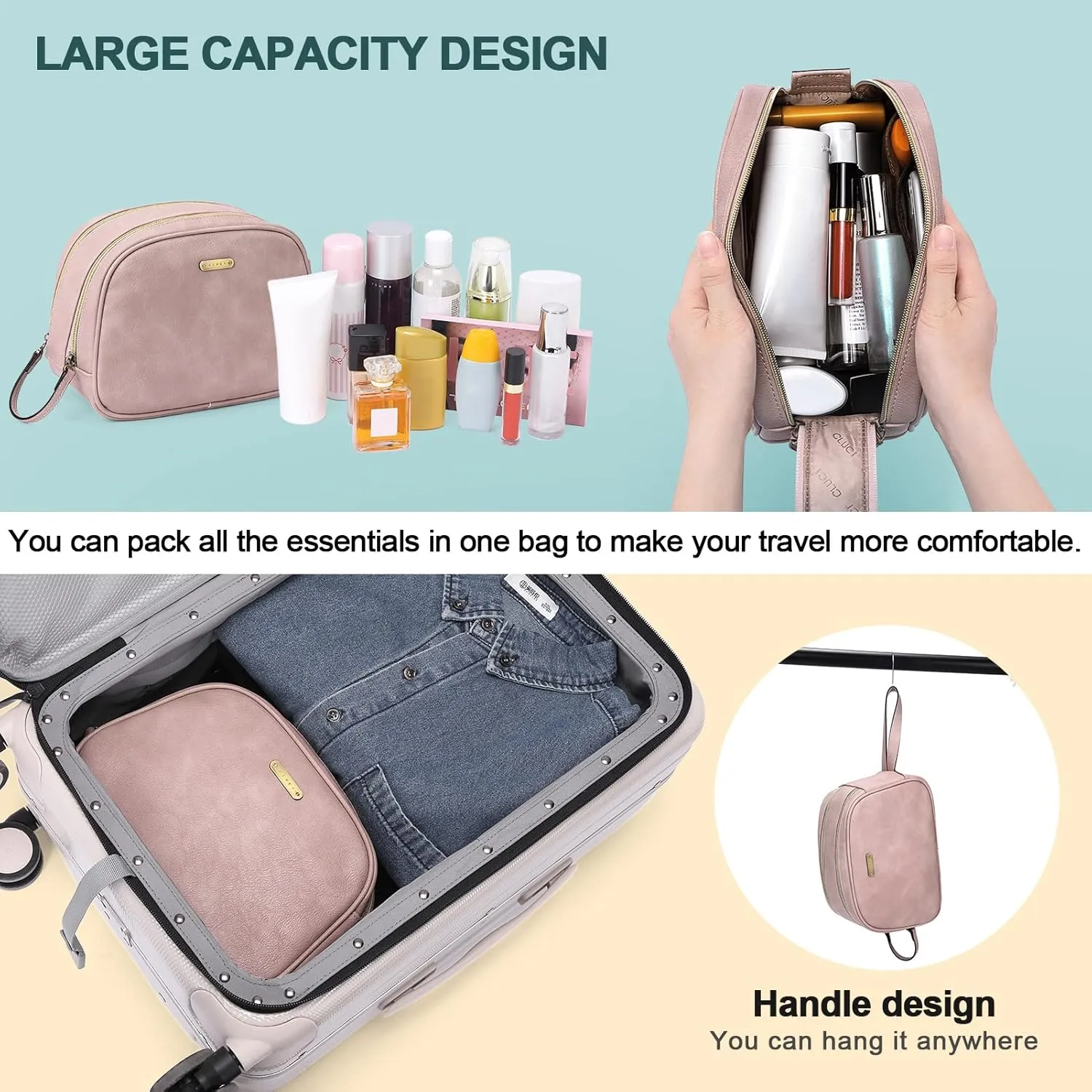 CLUCI Toiletry Bag Travel Bag with Hanging Hook Leather Makeup Cosmetic Bag Travel Organizer for Accessories Shampoo Container Toiletries