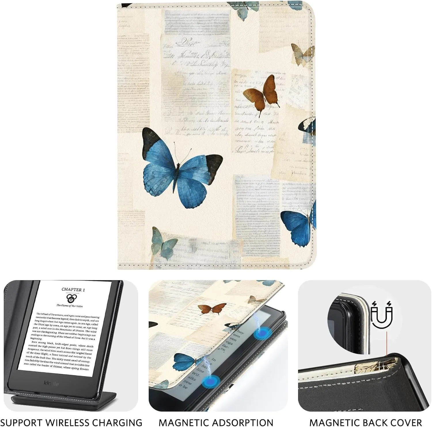 CoBak Case for 6" E-Reader - PU Leather Smart Cover with Auto Sleep/Wake & Hand Strap, not Compatible with Kobo Clara,Butterfly Paper