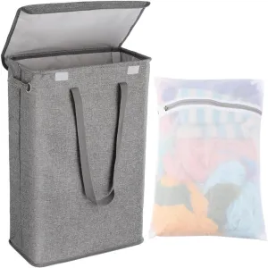 Collapsible Laundry Basket 45L with Lid & Handles, Compact Slim Hamper for Tight Spaces, Portable Dirty Clothes Bin with Bag