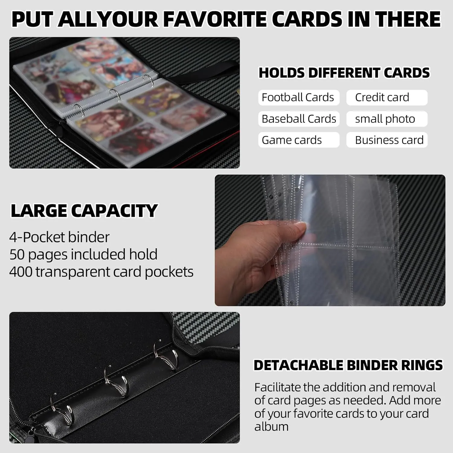 Collectible Trading Card Albums,4 Pocket Card Binder, 400 Double Sided Pocket PU Premium Zip Trading Collection Binderwith 50 Removable Sleeves, Card Folder forTCG, Sports Cards (Red)
