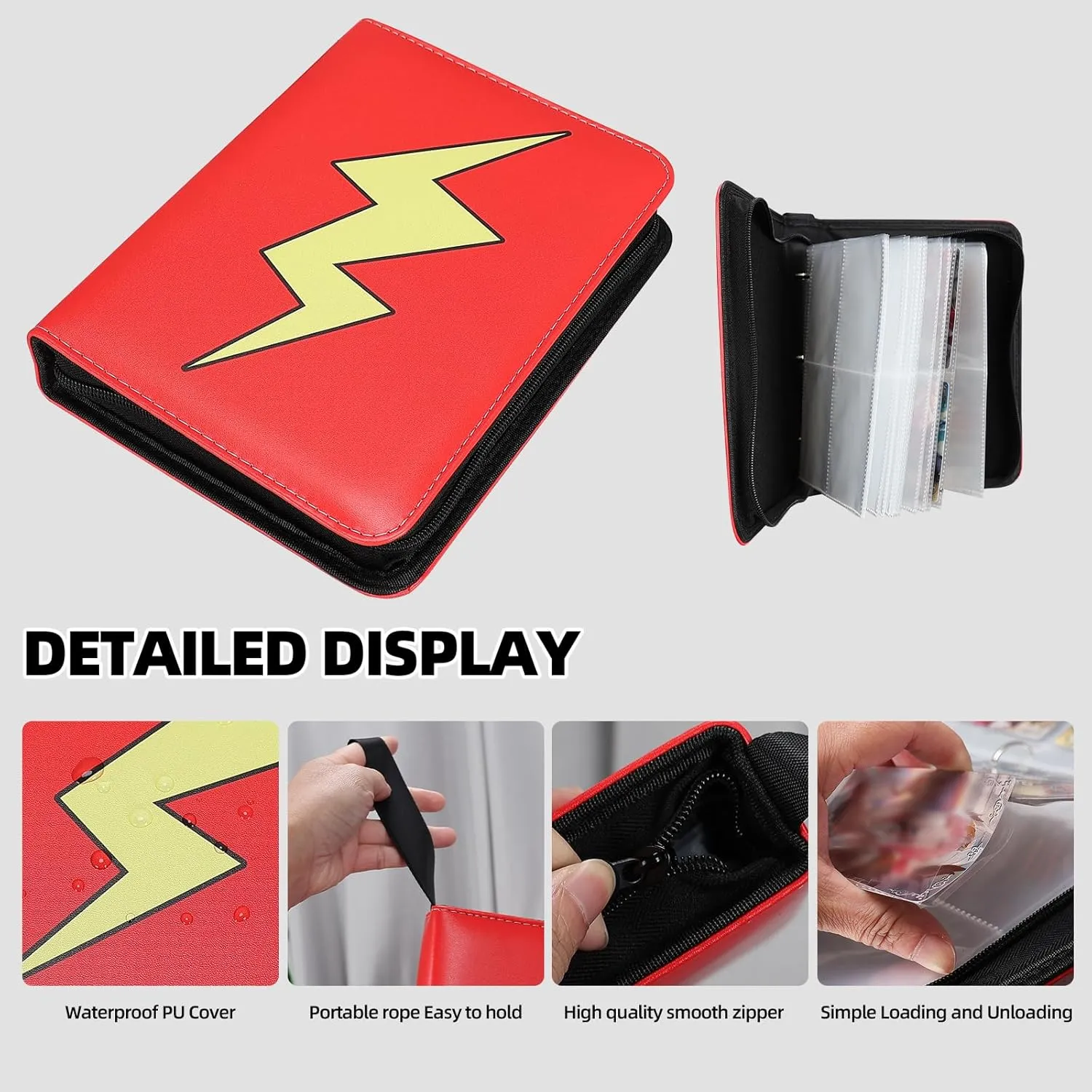 Collectible Trading Card Albums,4 Pocket Card Binder, 400 Double Sided Pocket PU Premium Zip Trading Collection Binderwith 50 Removable Sleeves, Card Folder forTCG, Sports Cards (Red)