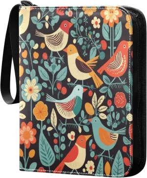 Colorful Birds Card Binder 4-Pocket, 400 Pockets Card Holder with 50 Removable Sleeves and Zipper for Games Baseball Football Sports Card