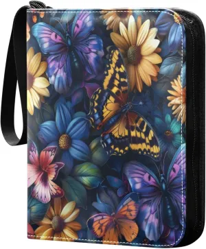 Colorful Butterflies Flowers Card Binder 4-Pocket, 400 Pockets Trading Cards Holder Games Card Albums Storage Organizer Case for Football, Baseball Cards