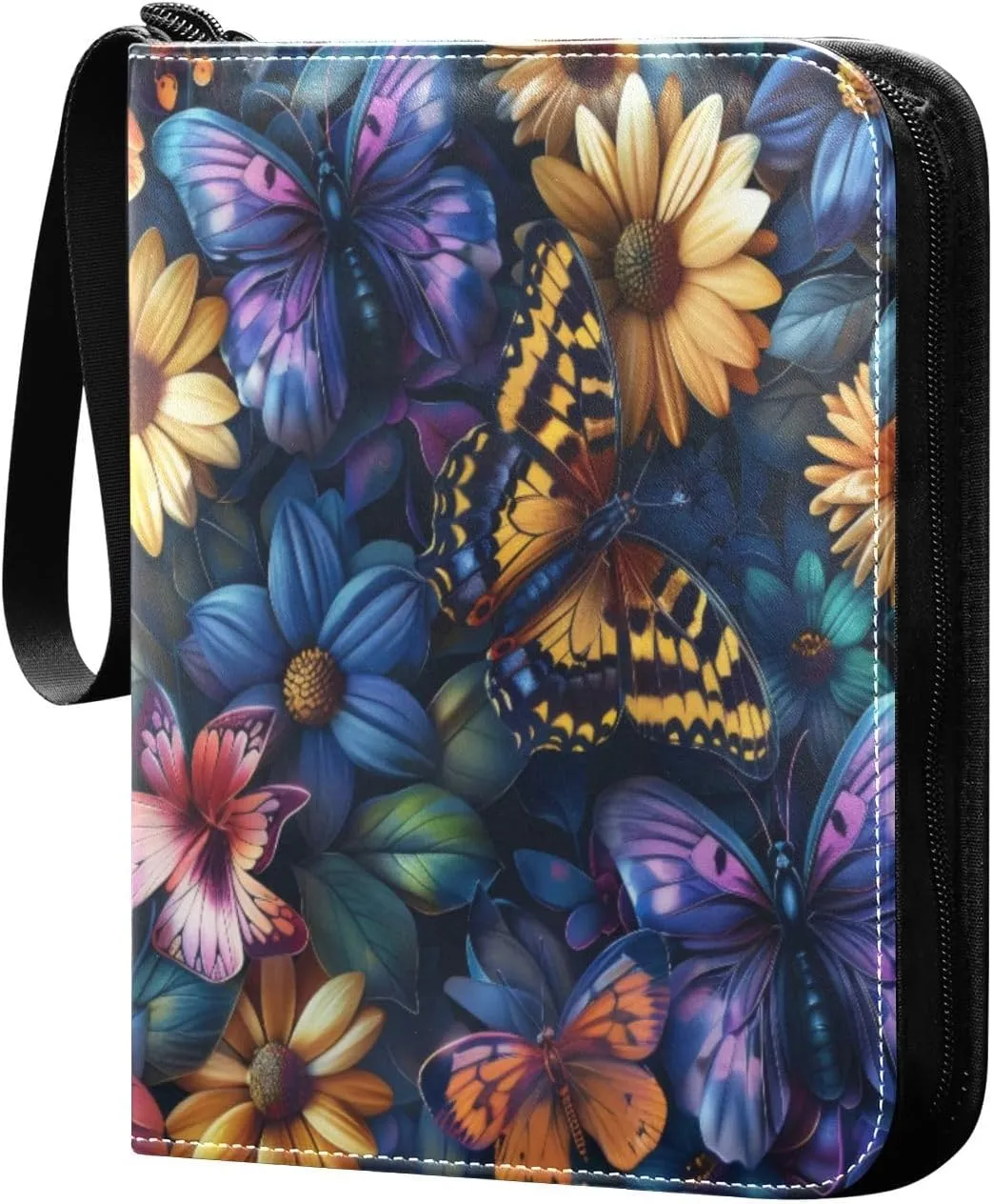Colorful Butterflies Flowers Card Binder 4-Pocket, 400 Pockets Trading Cards Holder Games Card Albums Storage Organizer Case for Football, Baseball Cards