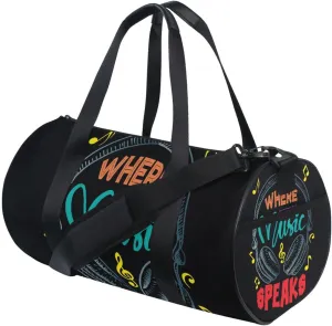 Colorful Earphone with Where Words Fail, Music Speaks on Black Portable Gym Bag, Travel Bag, Luggage bag, Sports Bag, Toiletry Bag with Handles, Detachable Shoulder Strap 17.6 x 9 x 9 inch
