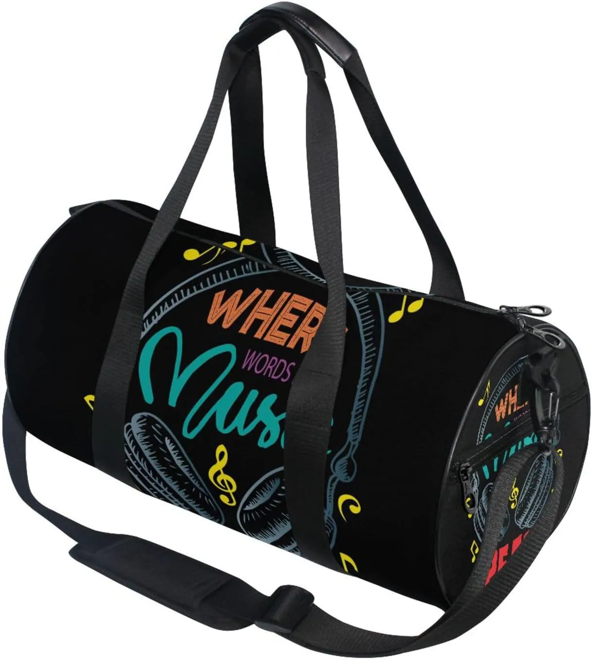 Colorful Earphone with Where Words Fail, Music Speaks on Black Portable Gym Bag, Travel Bag, Luggage bag, Sports Bag, Toiletry Bag with Handles, Detachable Shoulder Strap 17.6 x 9 x 9 inch