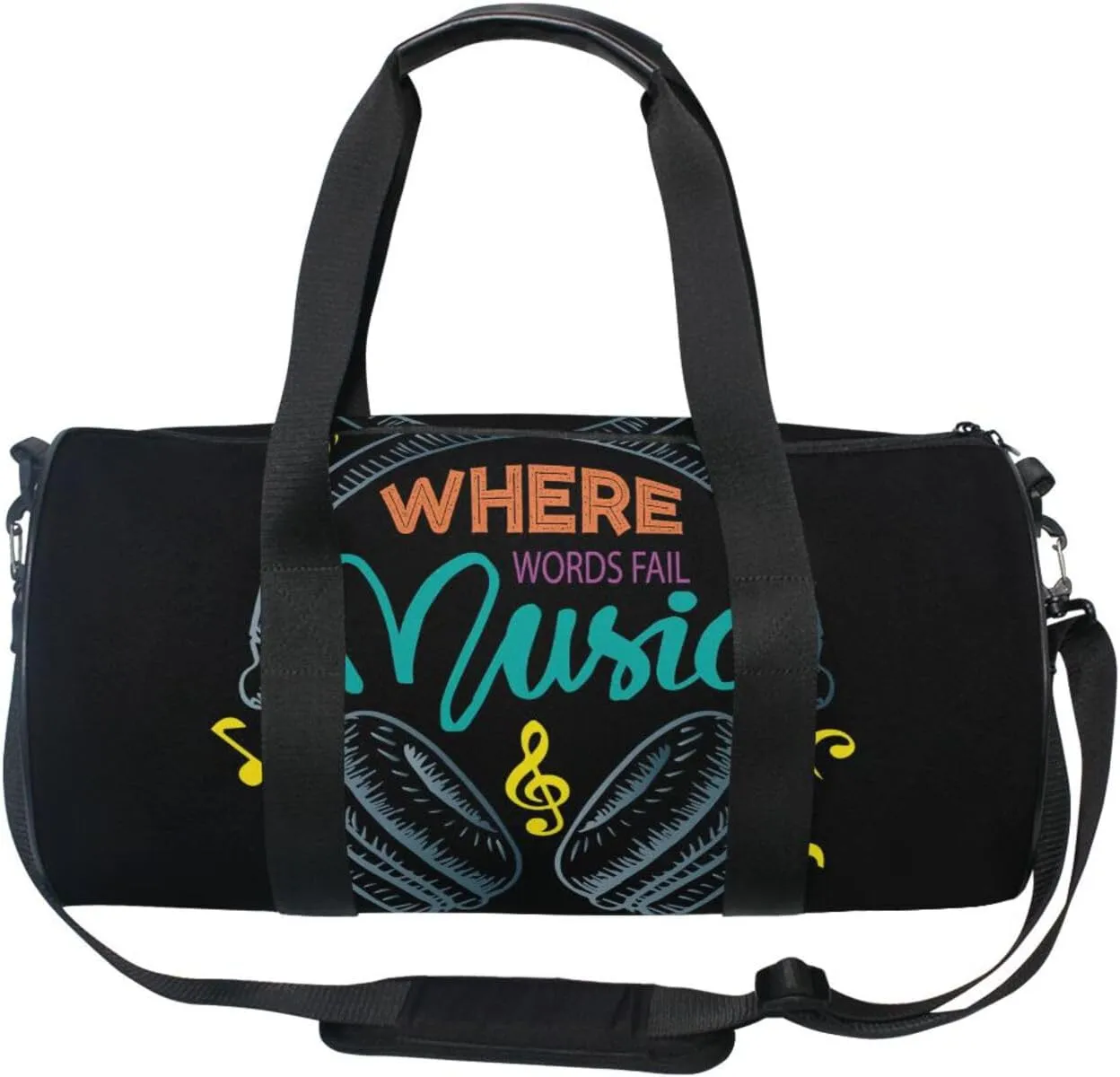 Colorful Earphone with Where Words Fail, Music Speaks on Black Portable Gym Bag, Travel Bag, Luggage bag, Sports Bag, Toiletry Bag with Handles, Detachable Shoulder Strap 17.6 x 9 x 9 inch
