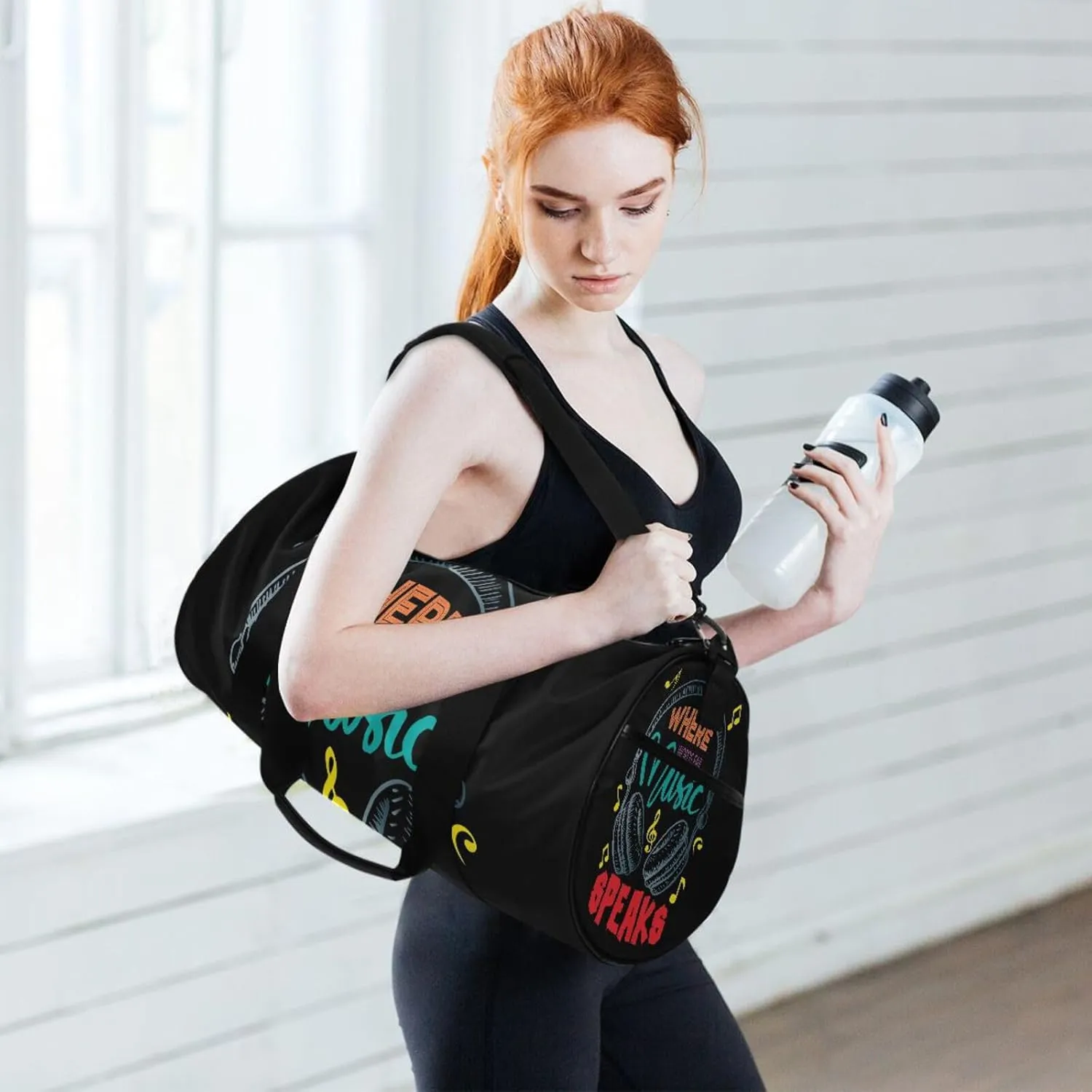 Colorful Earphone with Where Words Fail, Music Speaks on Black Portable Gym Bag, Travel Bag, Luggage bag, Sports Bag, Toiletry Bag with Handles, Detachable Shoulder Strap 17.6 x 9 x 9 inch