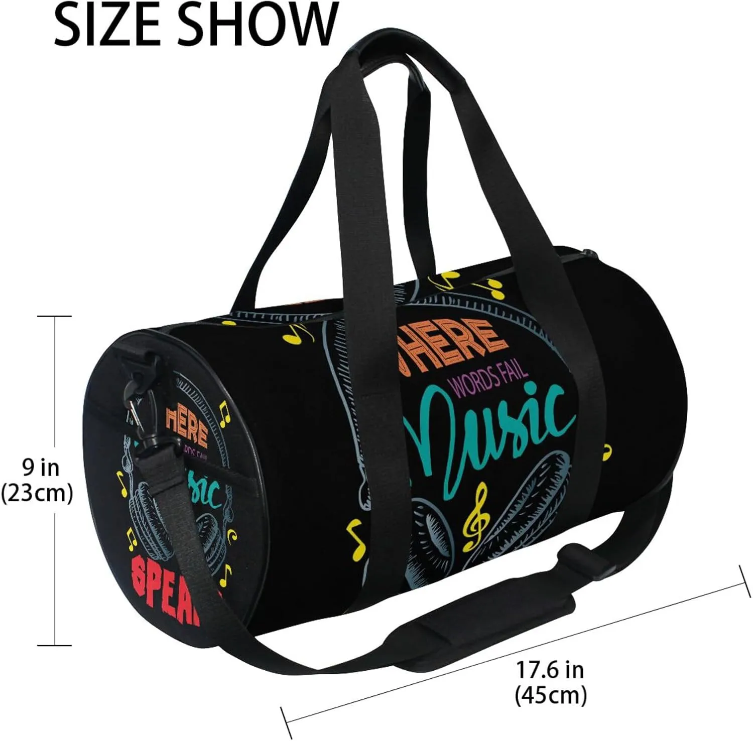 Colorful Earphone with Where Words Fail, Music Speaks on Black Portable Gym Bag, Travel Bag, Luggage bag, Sports Bag, Toiletry Bag with Handles, Detachable Shoulder Strap 17.6 x 9 x 9 inch