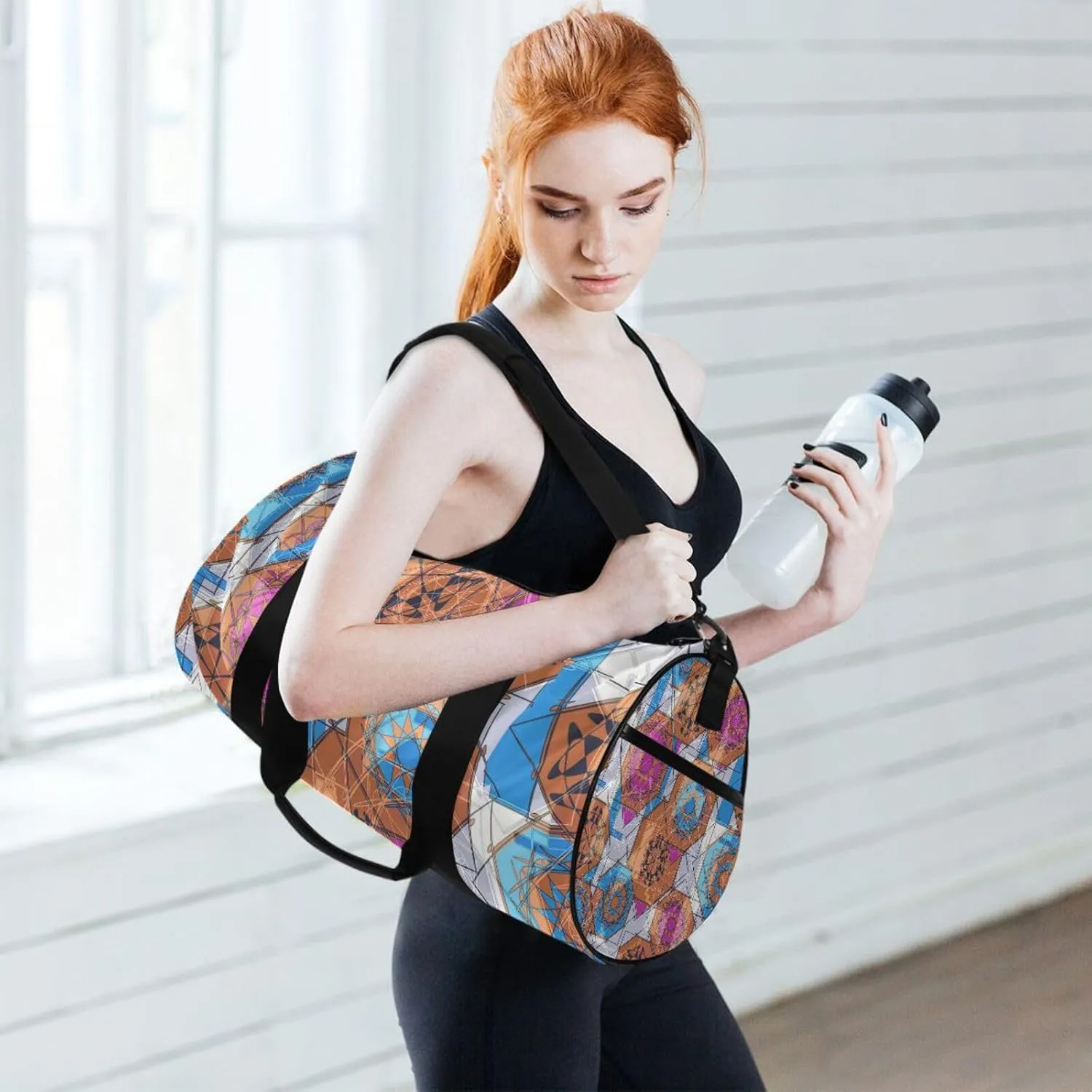 Colorful Floral and Geometric Modern Abstract Design Portable Gym Bag, Travel Bag, Luggage bag, Sports Bag, Toiletry Bag with Handles, Detachable Shoulder Strap 17.6 x 9 x 9 inch
