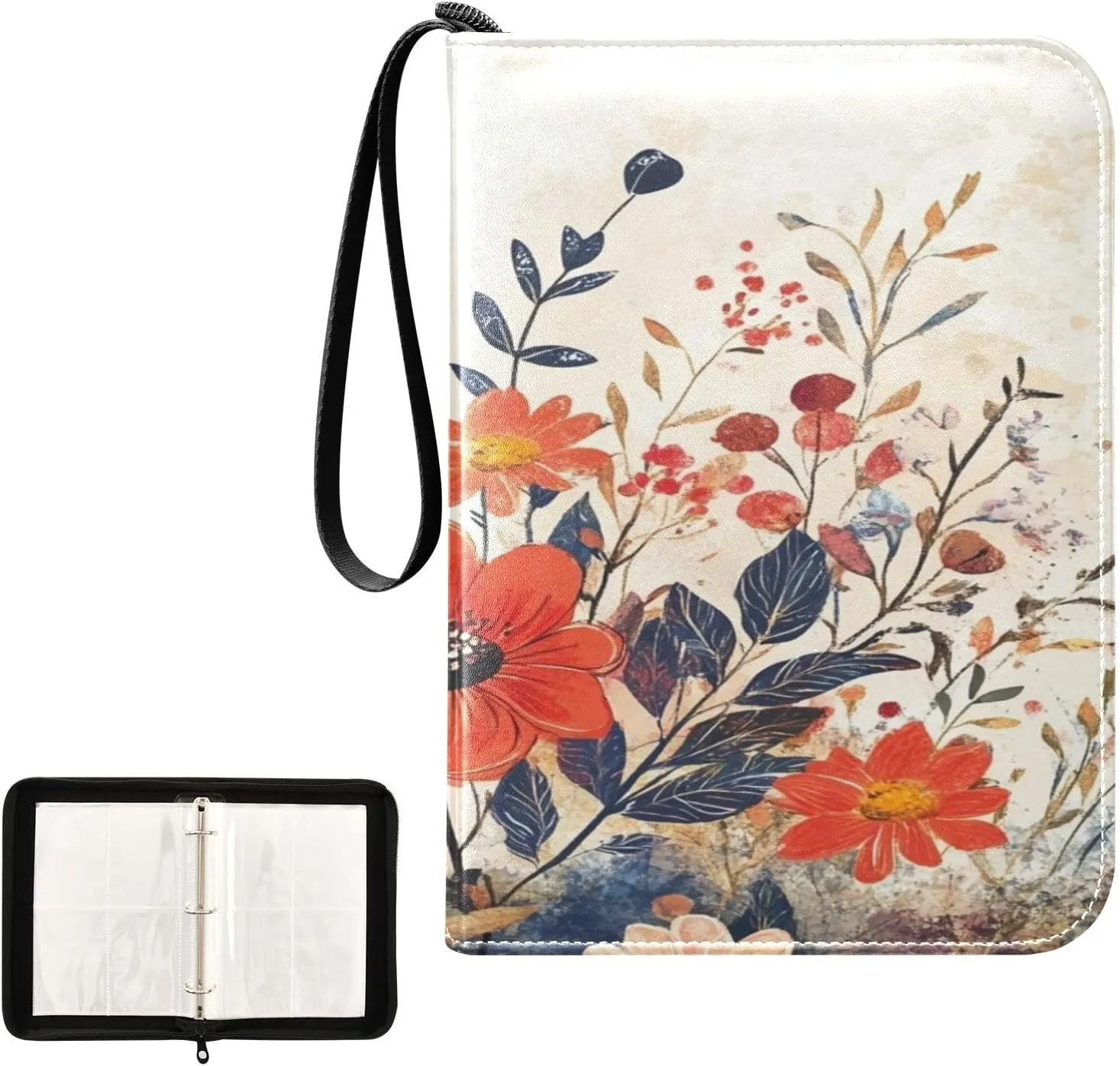 Colorful Flowers Collectible Trading Card Albums, Waterproof PU Card Collection Binder Fits 400 Cards with Removable Sleeves for Baseball Card, Football Card