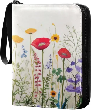 Colorful Flowers Collectible Trading Card Albums,4-Pocket Card Binder with 50 Removable Sleeves with Zipper Game Card Collection Binder Album Holder