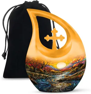 Colorful Forest Adult Urns for Human Ashes Women and Men - Large Cross Drop Funeral Urn for Human Ashes Cremation with Velvet Bag 10 Inch - Burial Urns for Mom and Dad