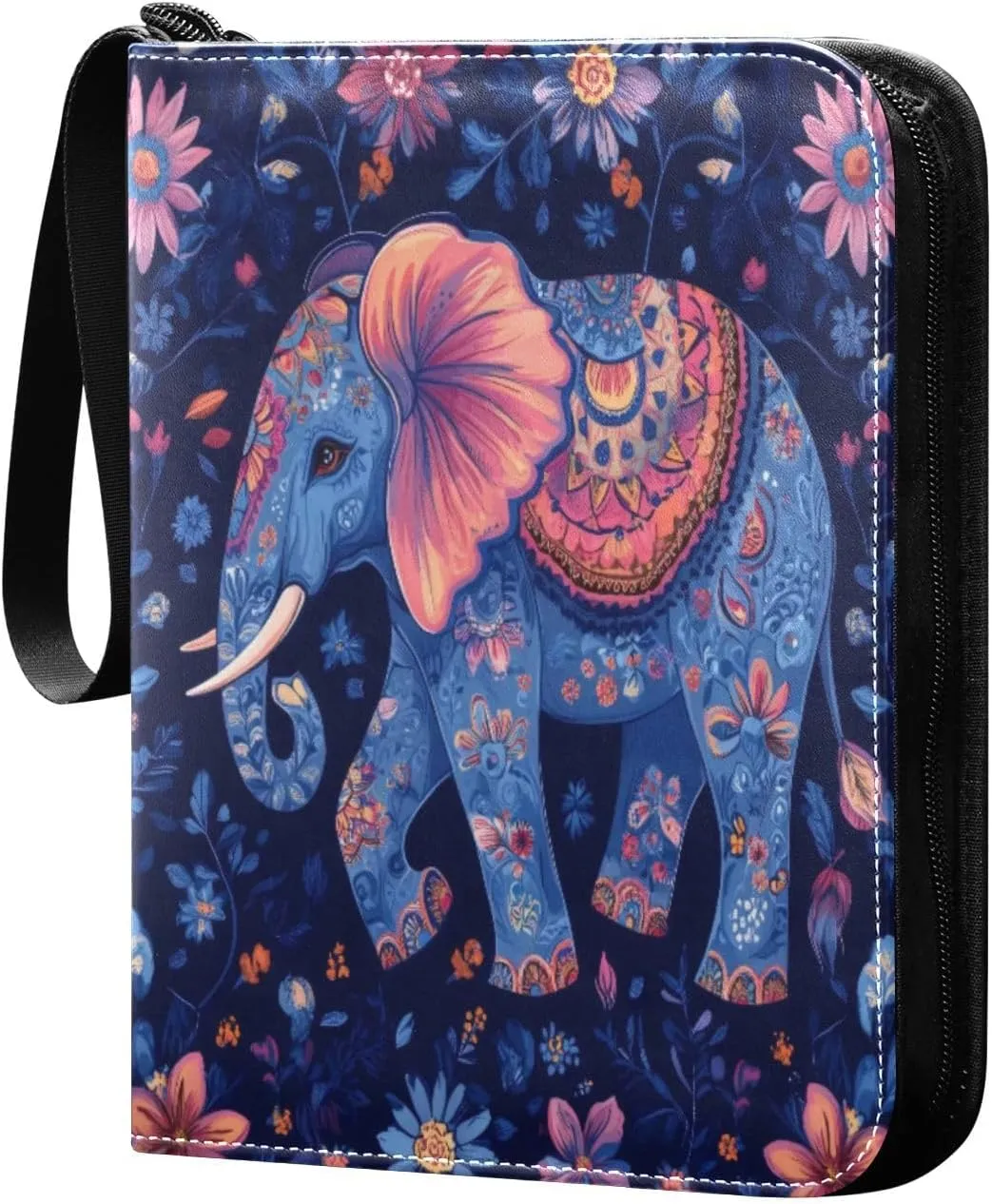 Colorful Paisley Elephant Card Binder 4-Pocket, 400 Pockets Card Holder with 50 Removable Sleeves and Zipper for Games Baseball Football Sports Card