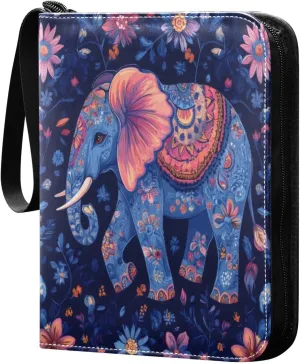 Colorful Paisley Elephant Card Binder 4-Pocket, 400 Pockets Card Holder with 50 Removable Sleeves and Zipper for Games Baseball Football Sports Card