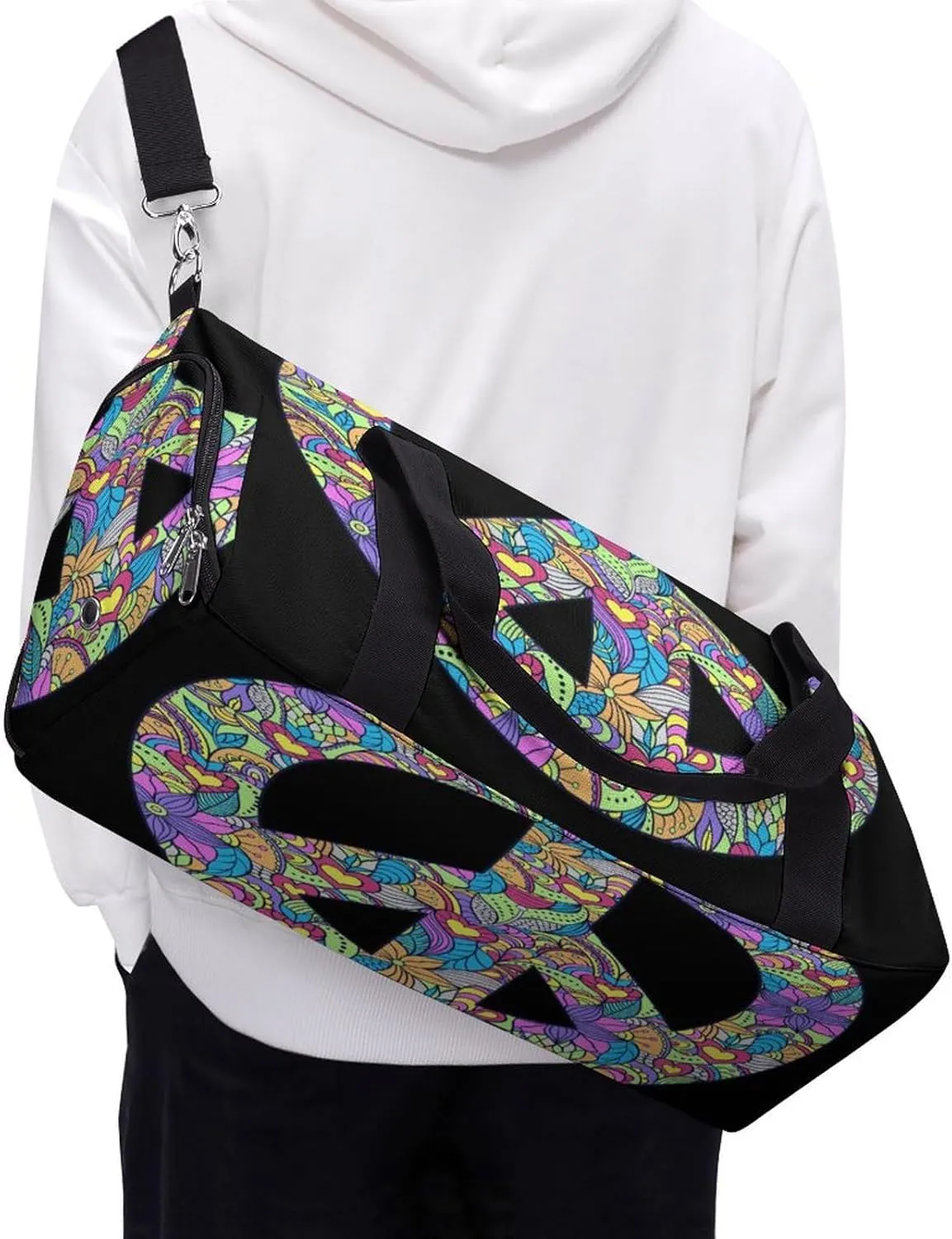 Colorful Peace Symbol Black Print Duffel Bag for Boys Girls with Waterproof Shoe Compartment