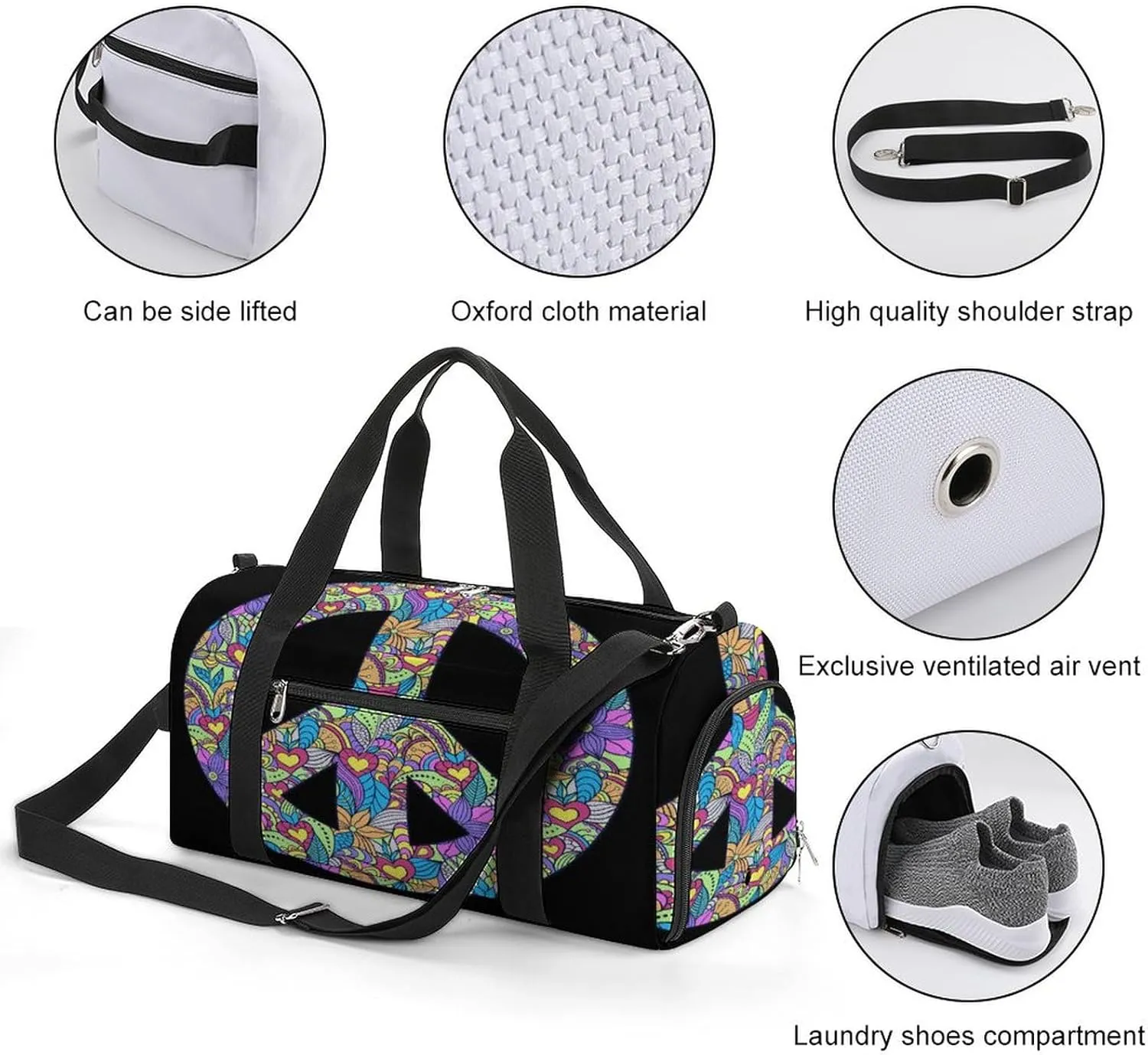 Colorful Peace Symbol Black Print Duffel Bag for Boys Girls with Waterproof Shoe Compartment