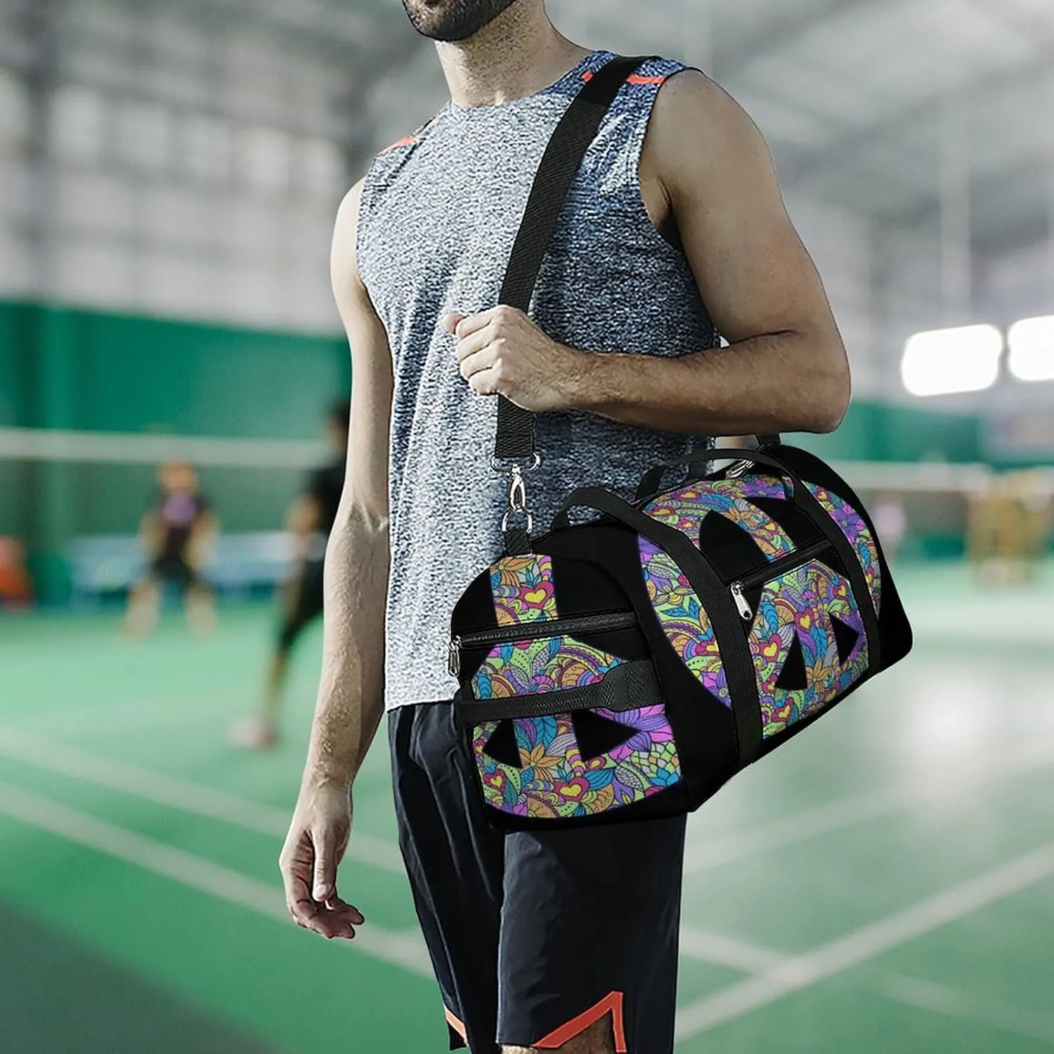 Colorful Peace Symbol Black Print Duffel Bag for Boys Girls with Waterproof Shoe Compartment