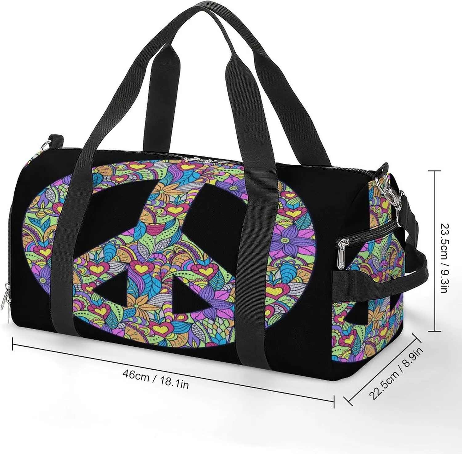 Colorful Peace Symbol Black Print Duffel Bag for Boys Girls with Waterproof Shoe Compartment