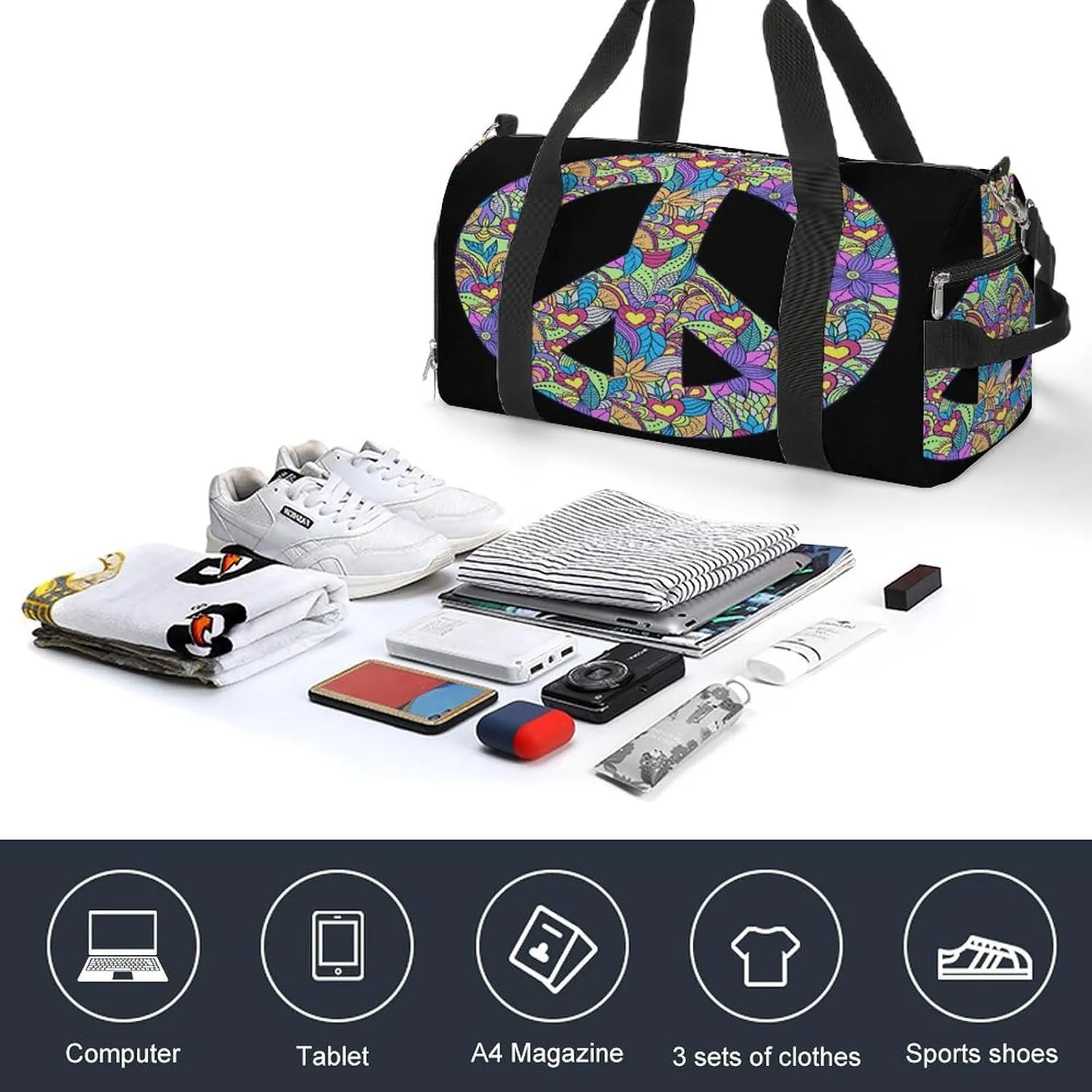 Colorful Peace Symbol Black Print Duffel Bag for Boys Girls with Waterproof Shoe Compartment