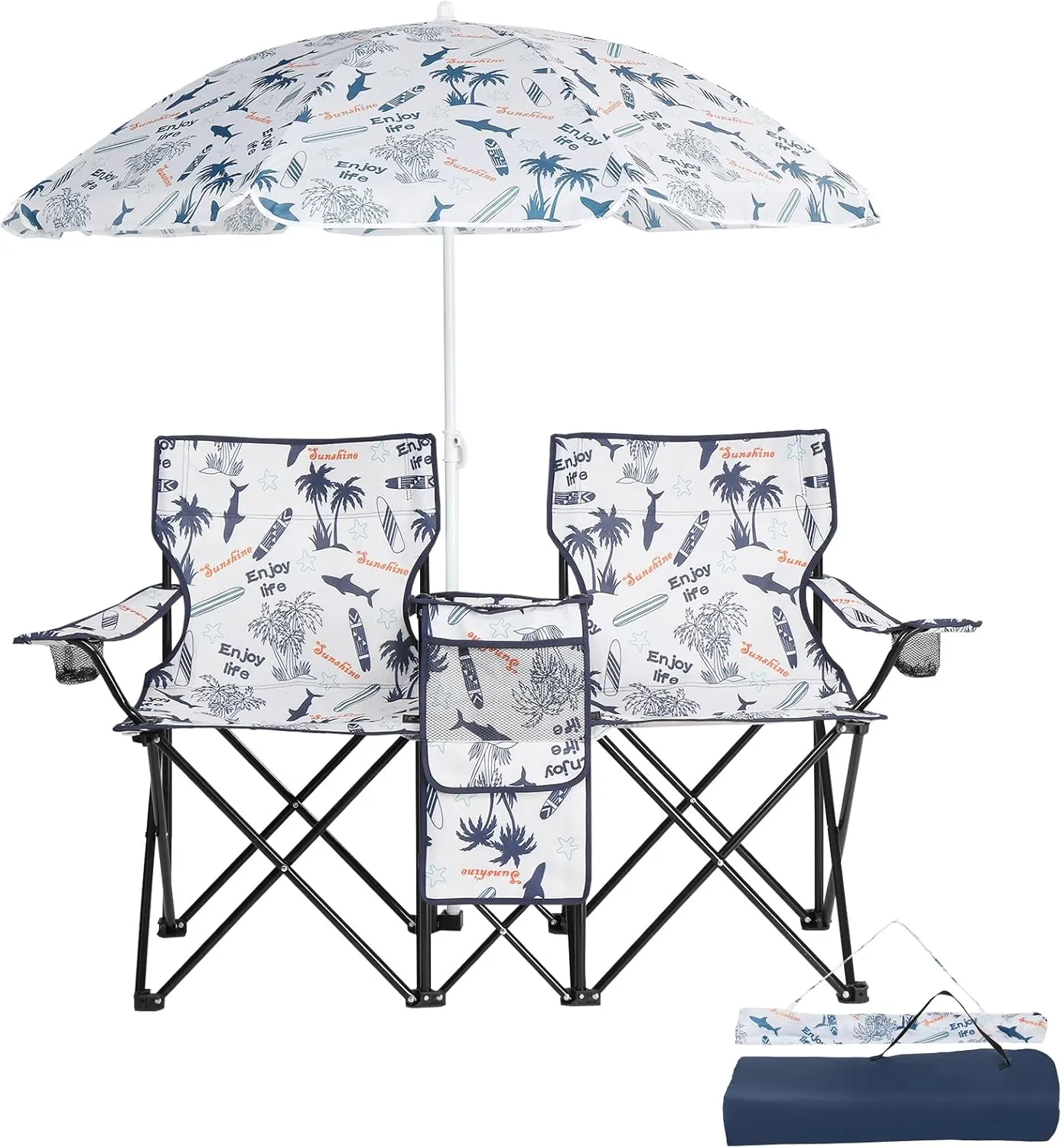 Compact Backpack Folding Chair Lightweight Beach Camping Chair for Adults,Portable Heavy Duty Outdoor 2-Seat Loveseat Chairs with Removable Sun Umbrella Weight Capacity 180 lbs for Outdoor Lawn