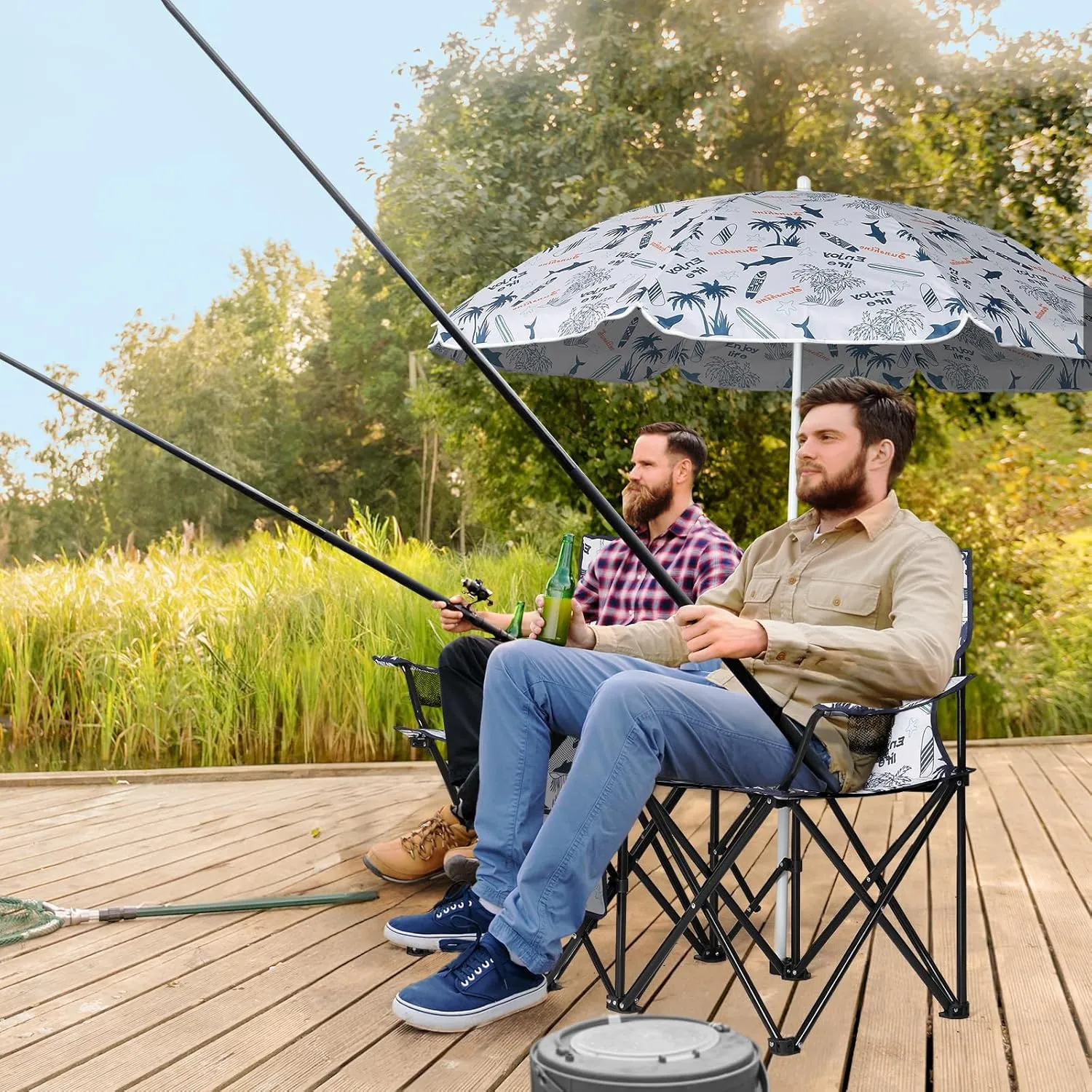 Compact Backpack Folding Chair Lightweight Beach Camping Chair for Adults,Portable Heavy Duty Outdoor 2-Seat Loveseat Chairs with Removable Sun Umbrella Weight Capacity 180 lbs for Outdoor Lawn