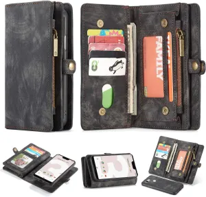 Compatible with Pixel 3 XL Leather Wallet Zipper Purse Detachable Card Slots Holder Flip Case Magnetic Handle Shockproof Cover Pocket Wallet Handbag (Black)