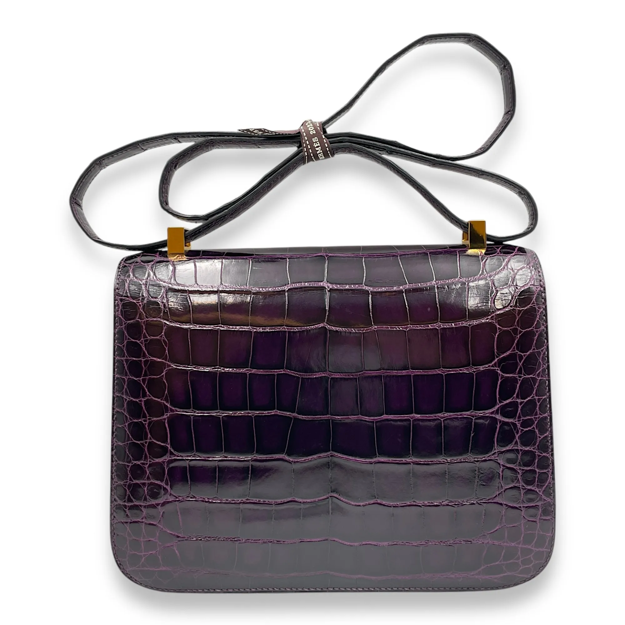 Constance 24 Amethyst in Shiny Alligator, Gold hardware