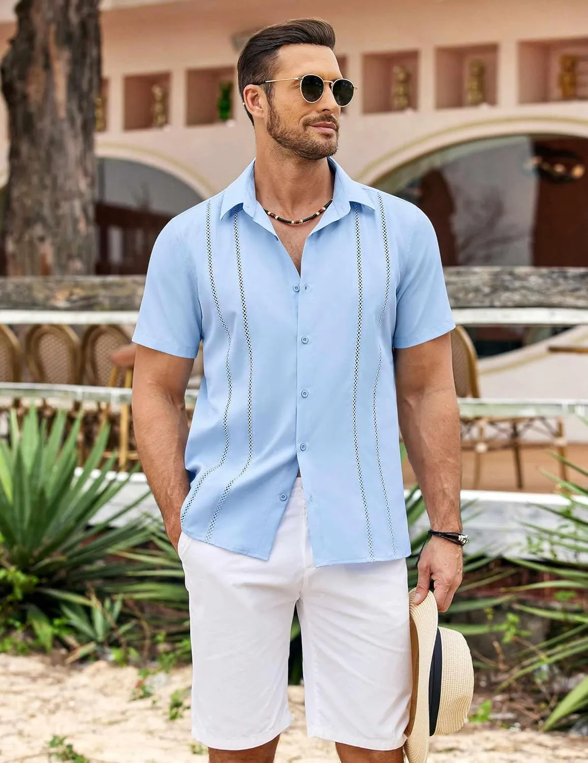 COOFANDY Men's Cuban Guayabera Shirt Summer Beach Vacation Shirt Casual Short Sleeve Button Down Resort Wear