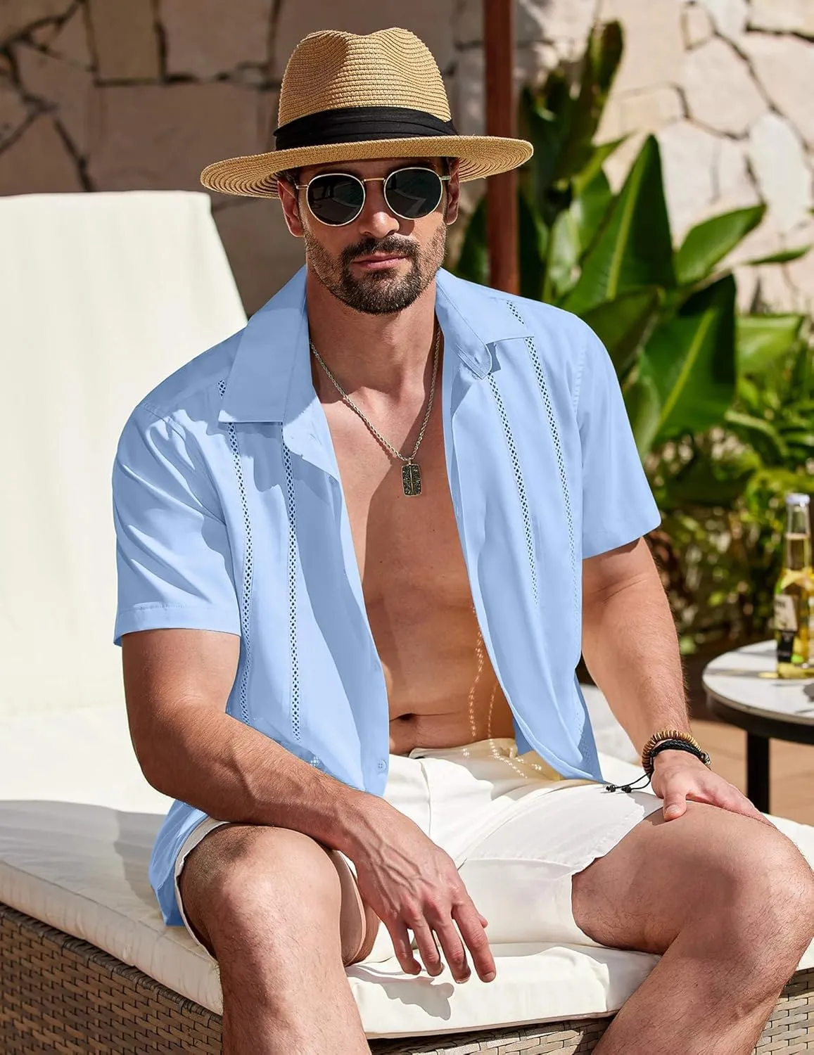 COOFANDY Men's Cuban Guayabera Shirt Summer Beach Vacation Shirt Casual Short Sleeve Button Down Resort Wear