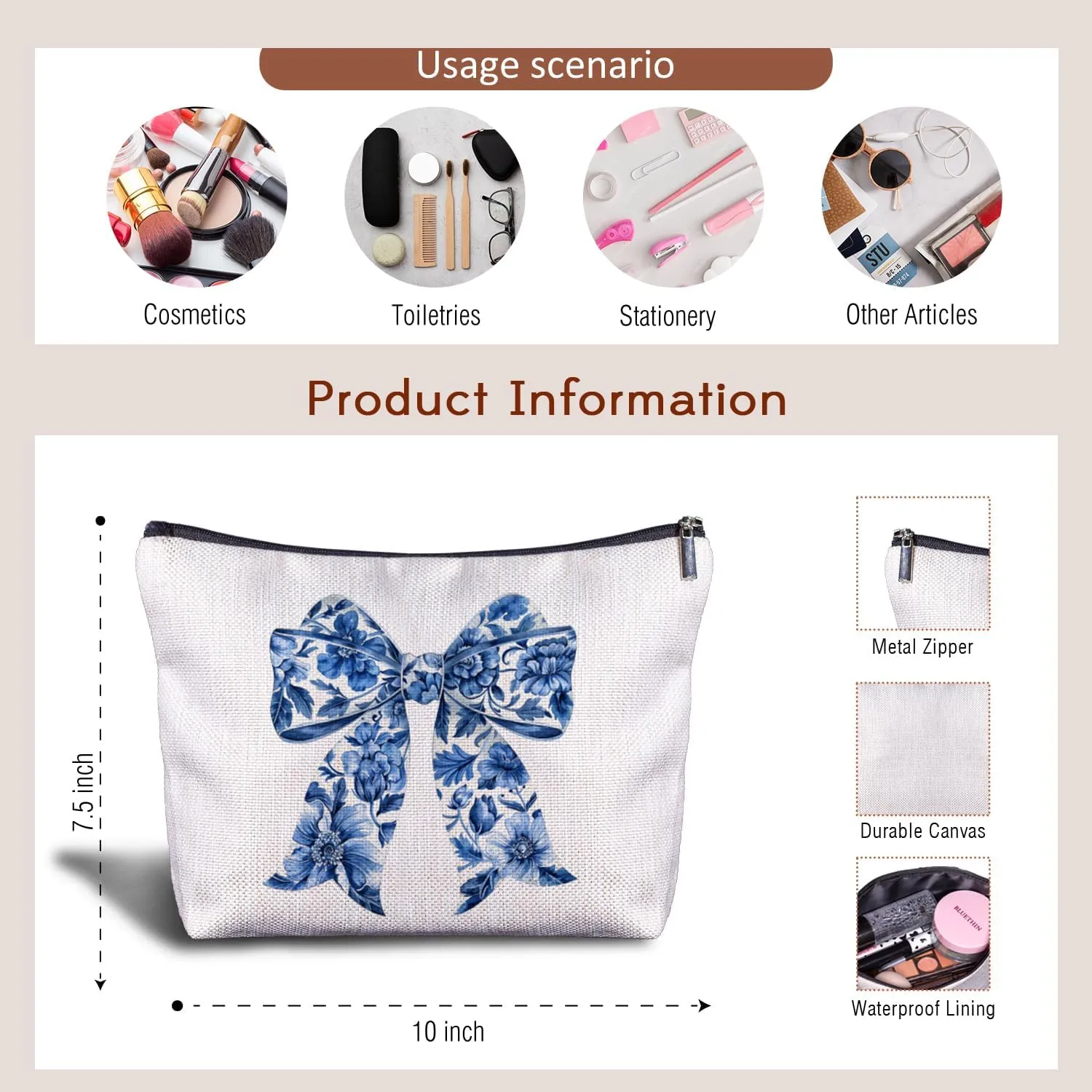 Coquette Bow Makeup Bag - Blue Chinoiserie Blue and White Porcelain Cosmetic Bag