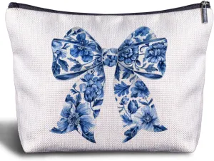 Coquette Bow Makeup Bag - Blue Chinoiserie Blue and White Porcelain Cosmetic Bag