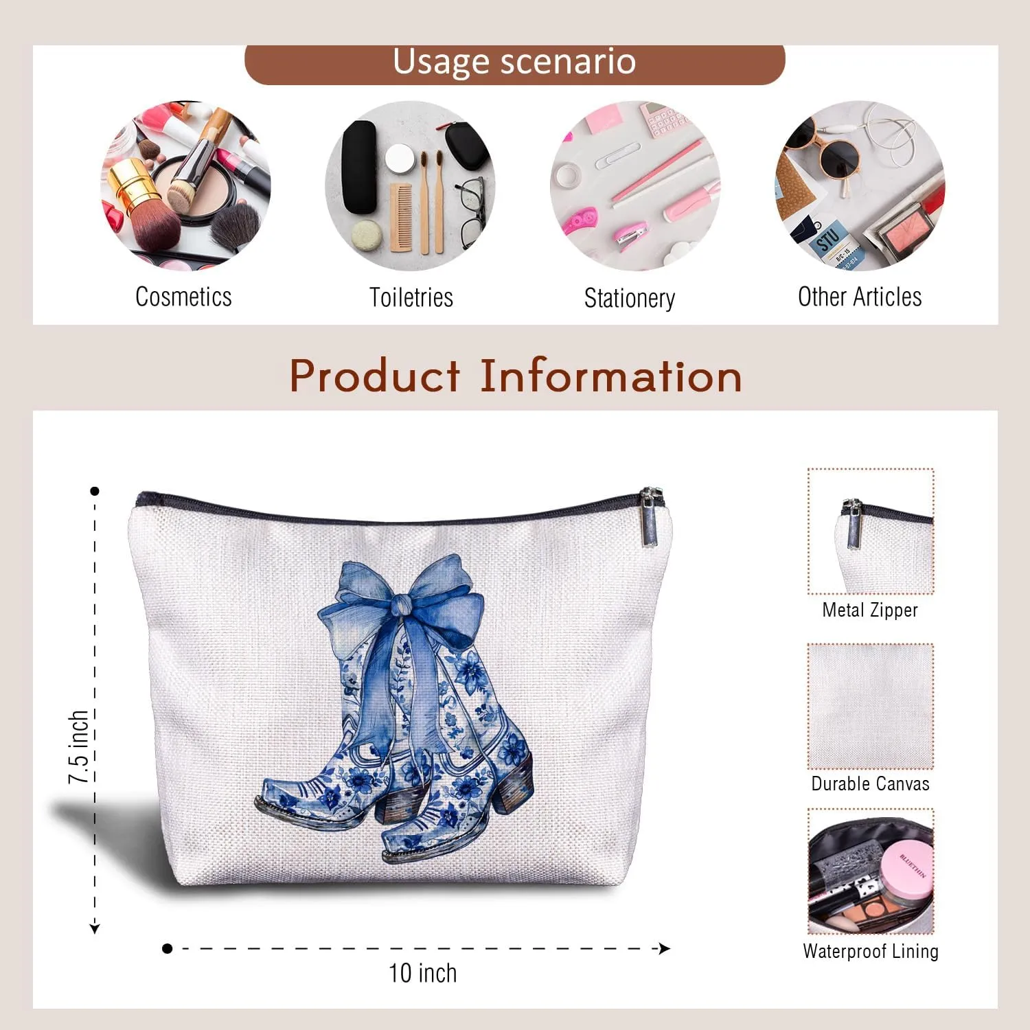 Coquette Western Makeup Bag - Blue Bow Cowgirl Boots, Zipper Pouch Gift for Women