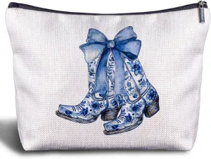 Coquette Western Makeup Bag - Blue Bow Cowgirl Boots, Zipper Pouch Gift for Women