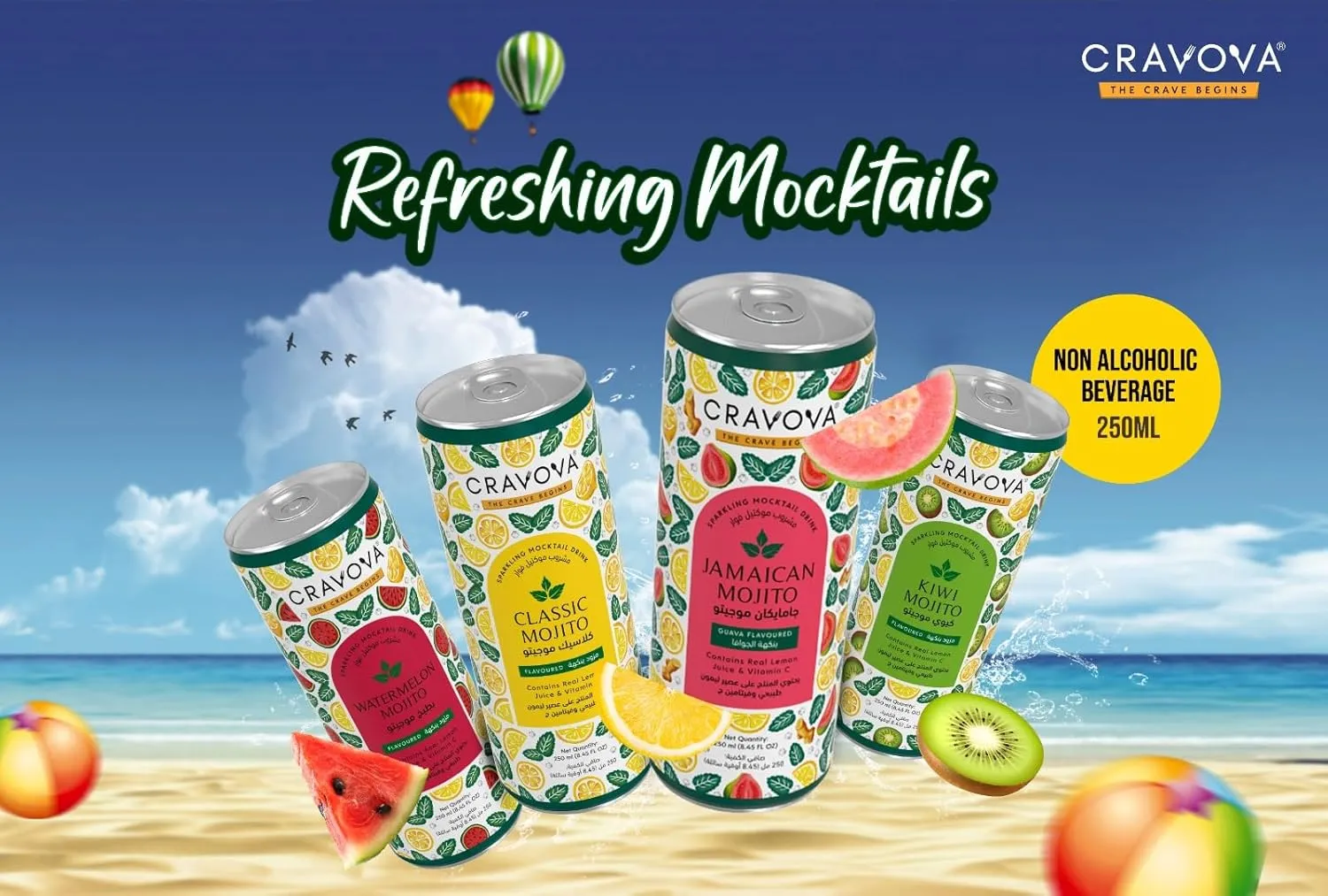 Cravova Mojito | Refreshing Mint Lime Mocktail | Non-Alcoholic Mocktail | Ready-to-Drink Beverage | Perfect for Parties & Gatherings | 12-Pack of 250ml Cans (Watermelon)